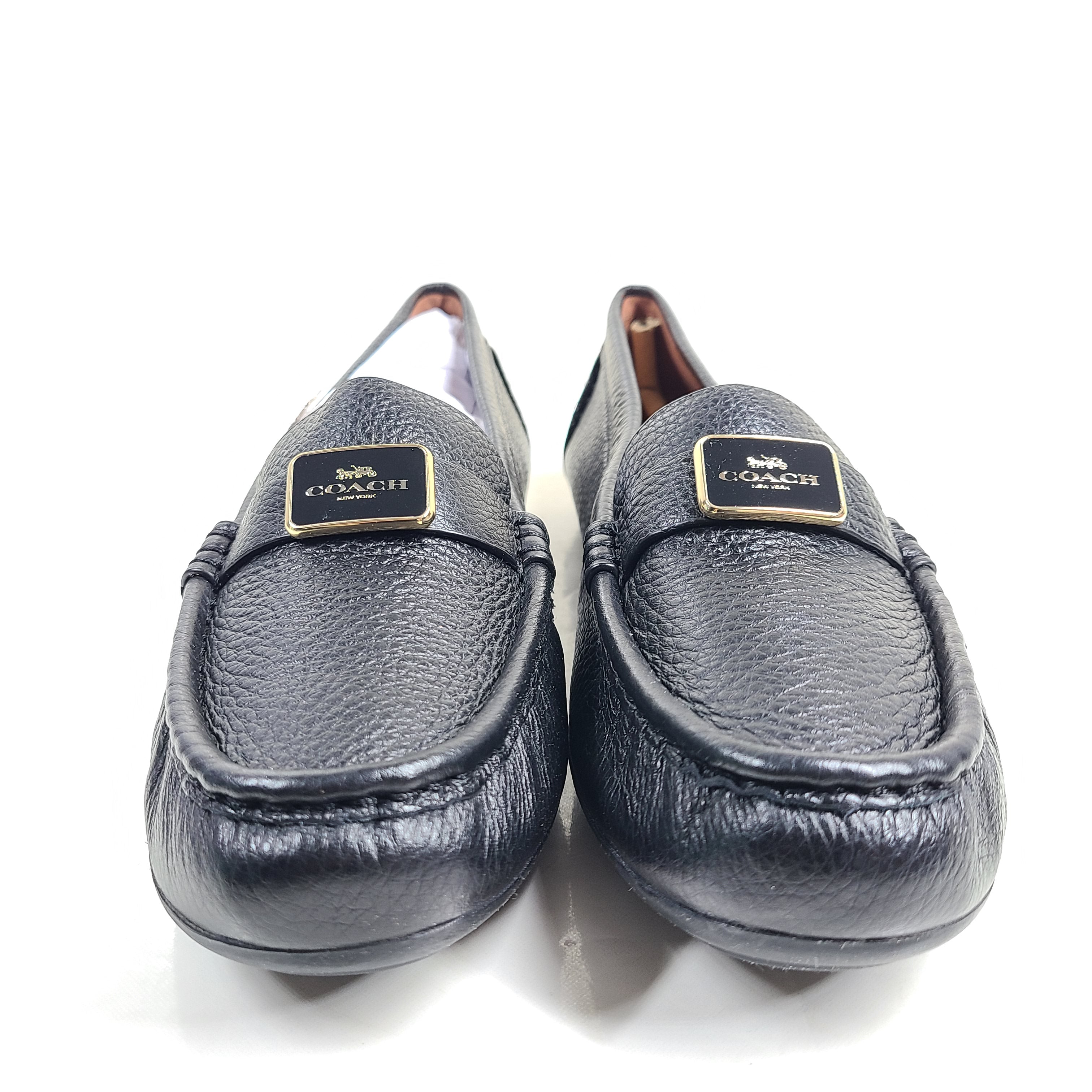 Black leather Mona Driver loafers in women's size 8B with a low-profile rubber outsole.