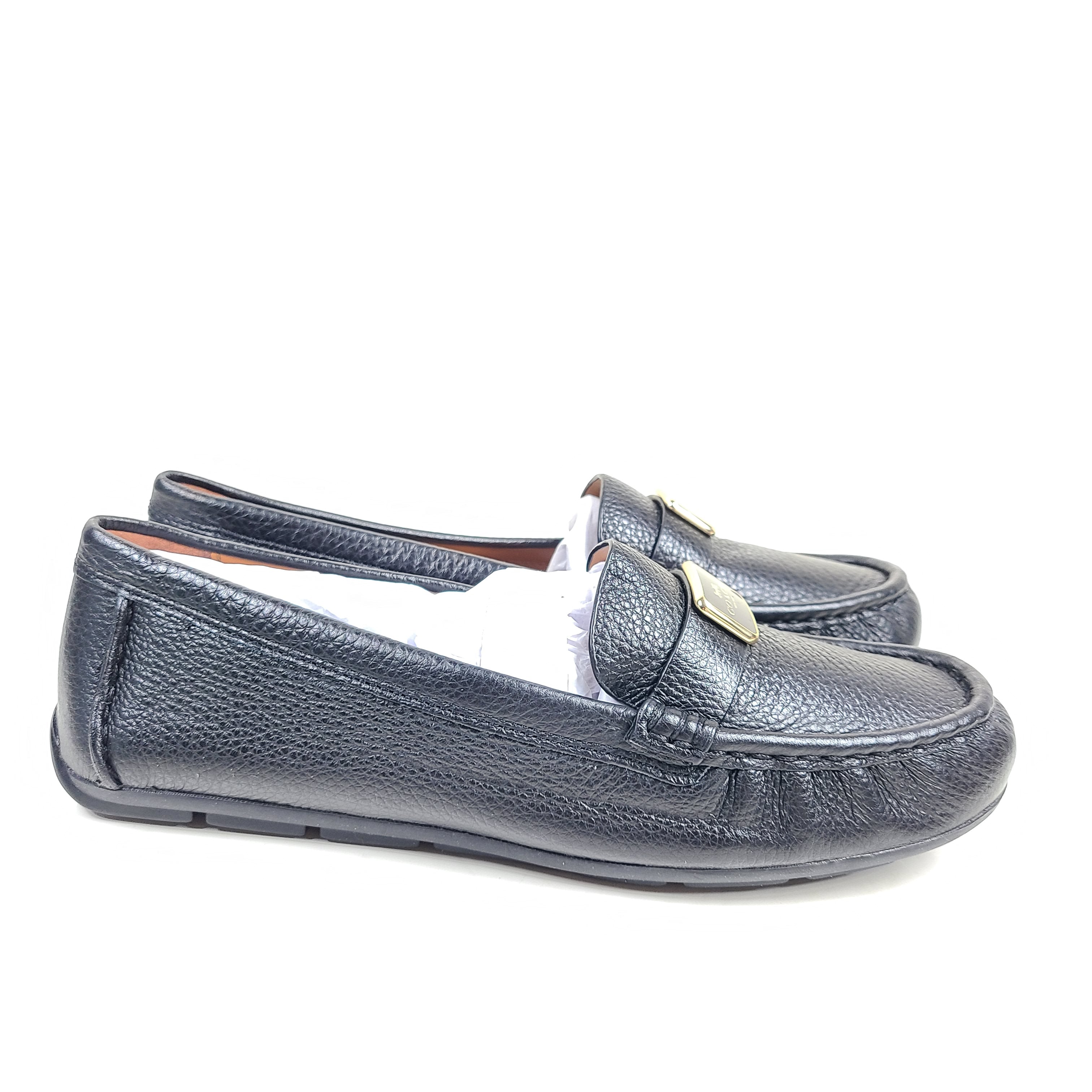 Black leather Mona Driver loafers in women's size 8B with a low-profile rubber outsole.