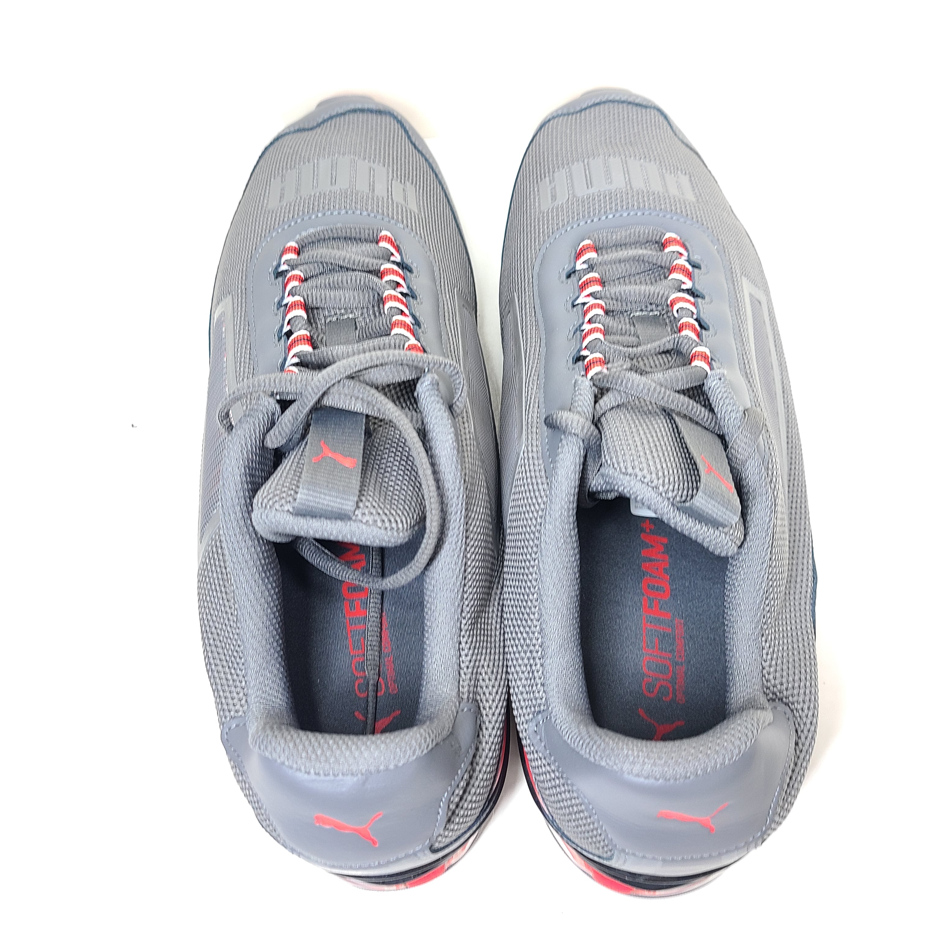 Grey and red Puma Cell Regulate NX sneakers with Soft Foam+ cushioning and an athletic profile.