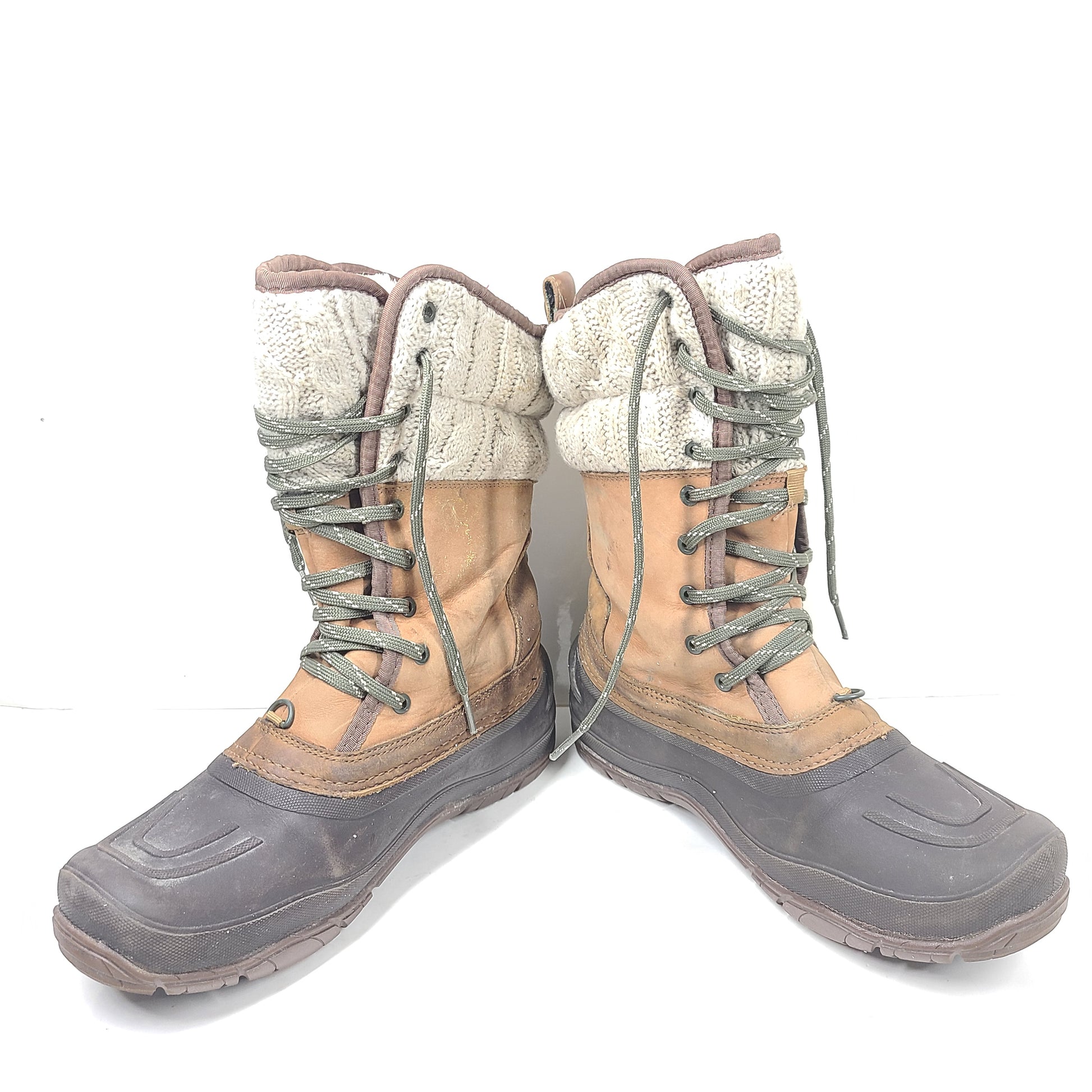 Sturdy brown and gray women's boots with faux fur lining and durable soles for outdoor use.