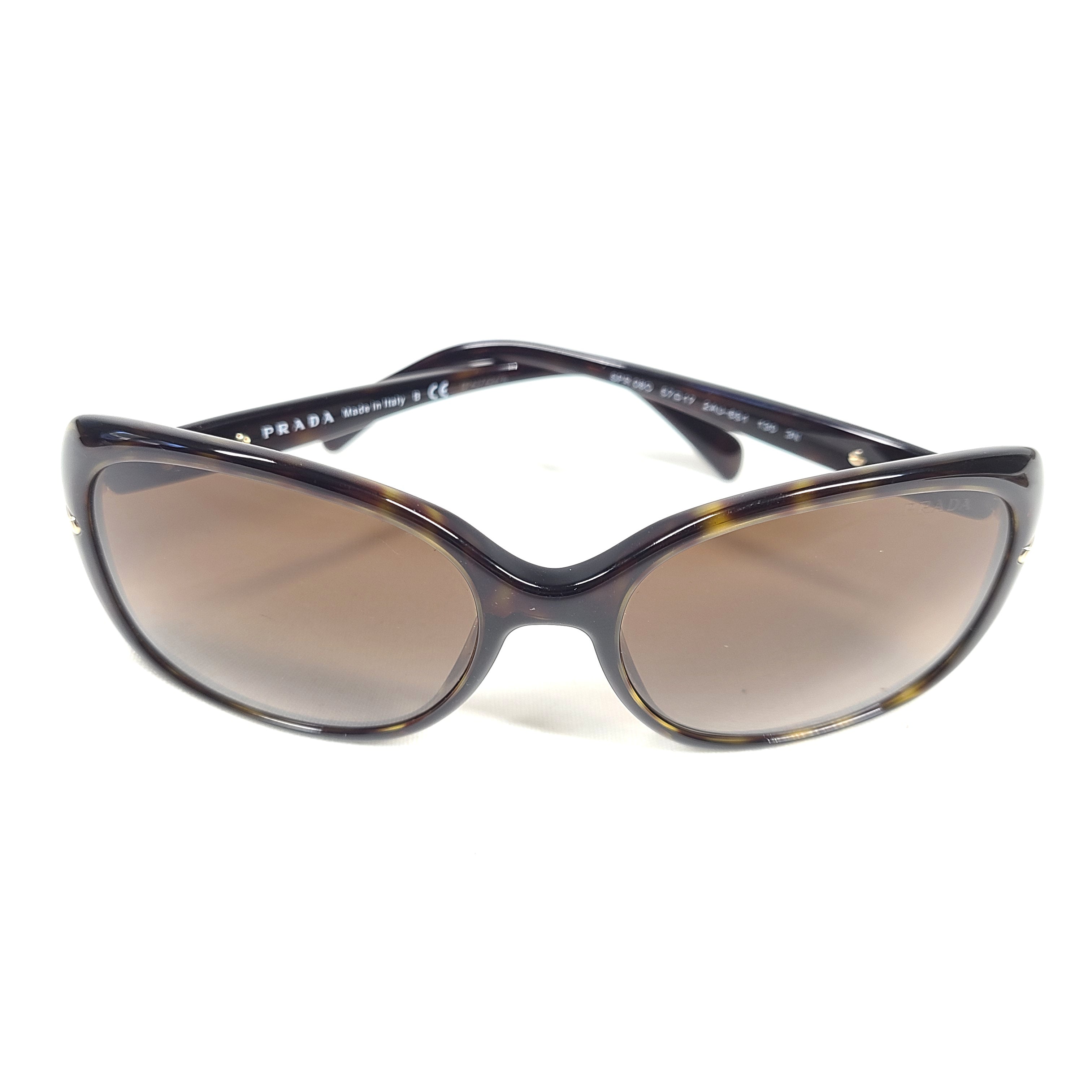 Prada SPR 080 tortoise brown butterfly-frame sunglasses with 57-17-130 sizing from Italy.