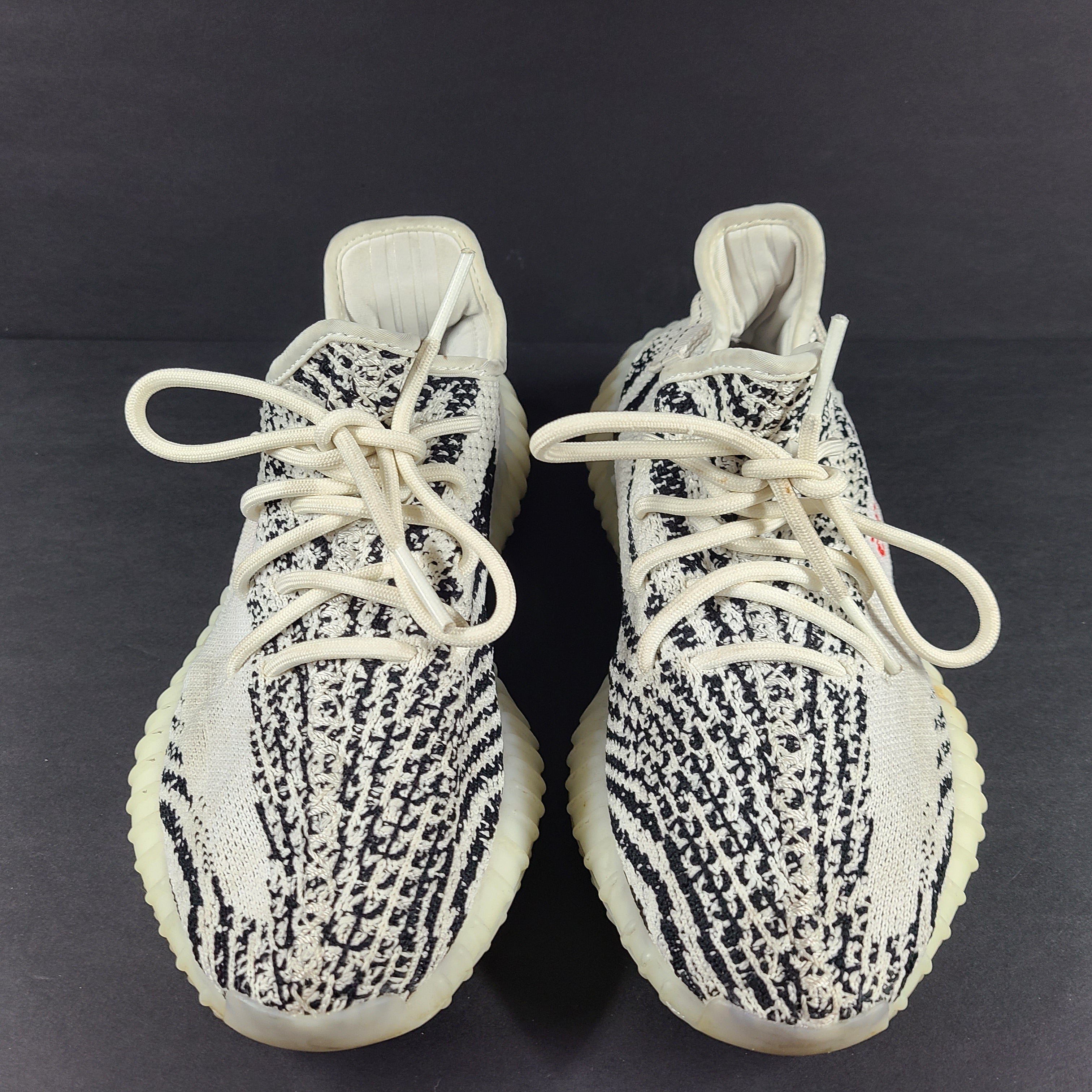 Adidas Yeezy Boost 350 V2 Zebra in white and black with red SPLY-350 branding, US size 6.