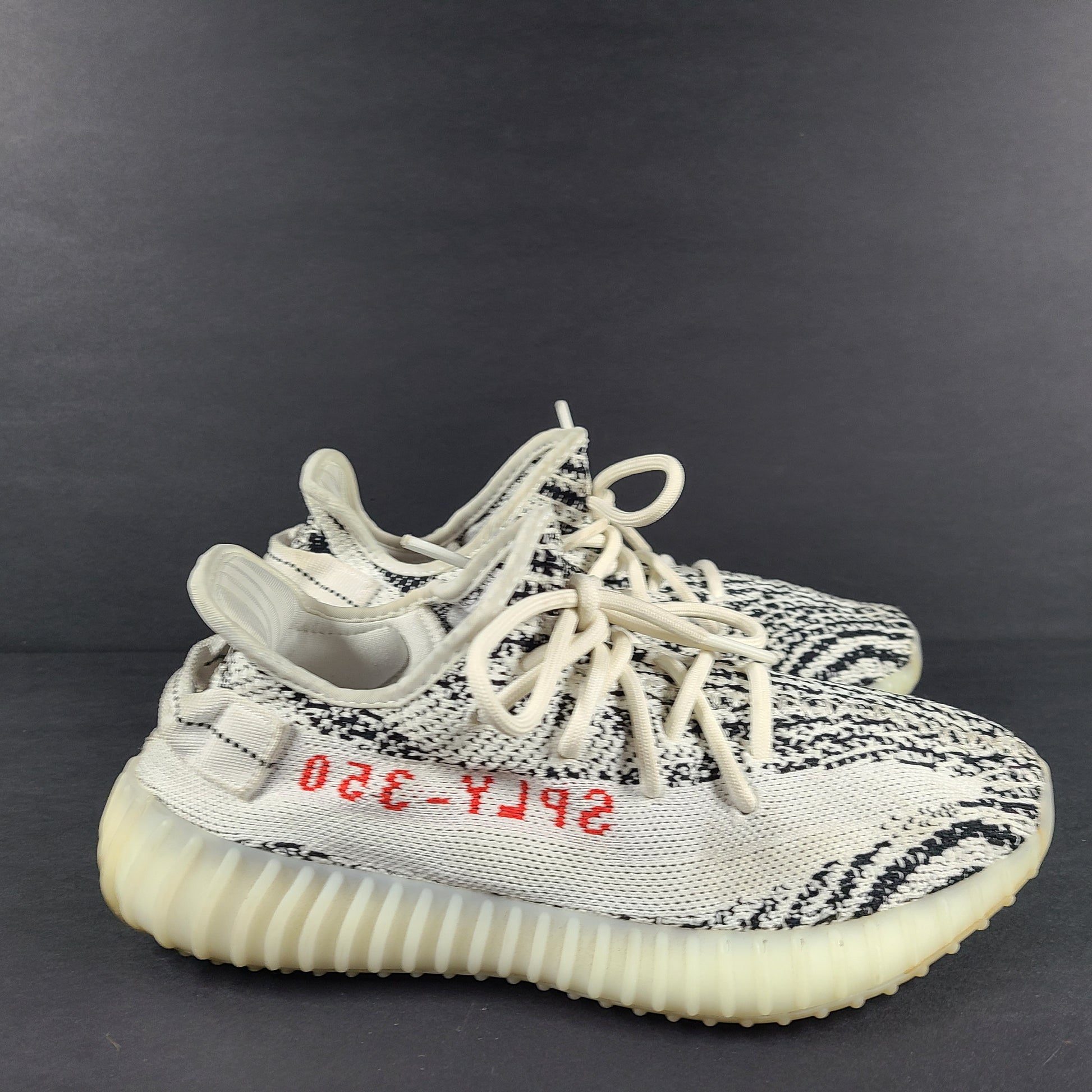 Adidas Yeezy Boost 350 V2 Zebra in white and black with red SPLY-350 branding, US size 6.