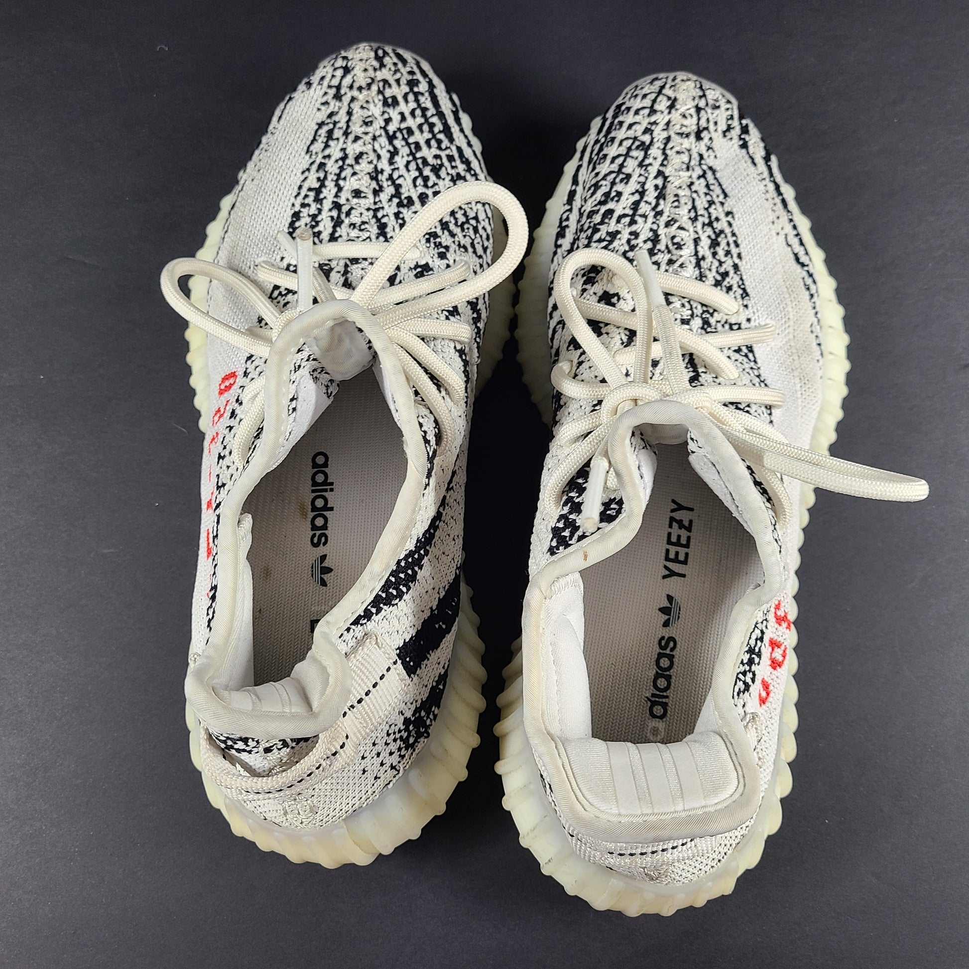 Adidas Yeezy Boost 350 V2 Zebra in white and black with red SPLY-350 branding, US size 6.