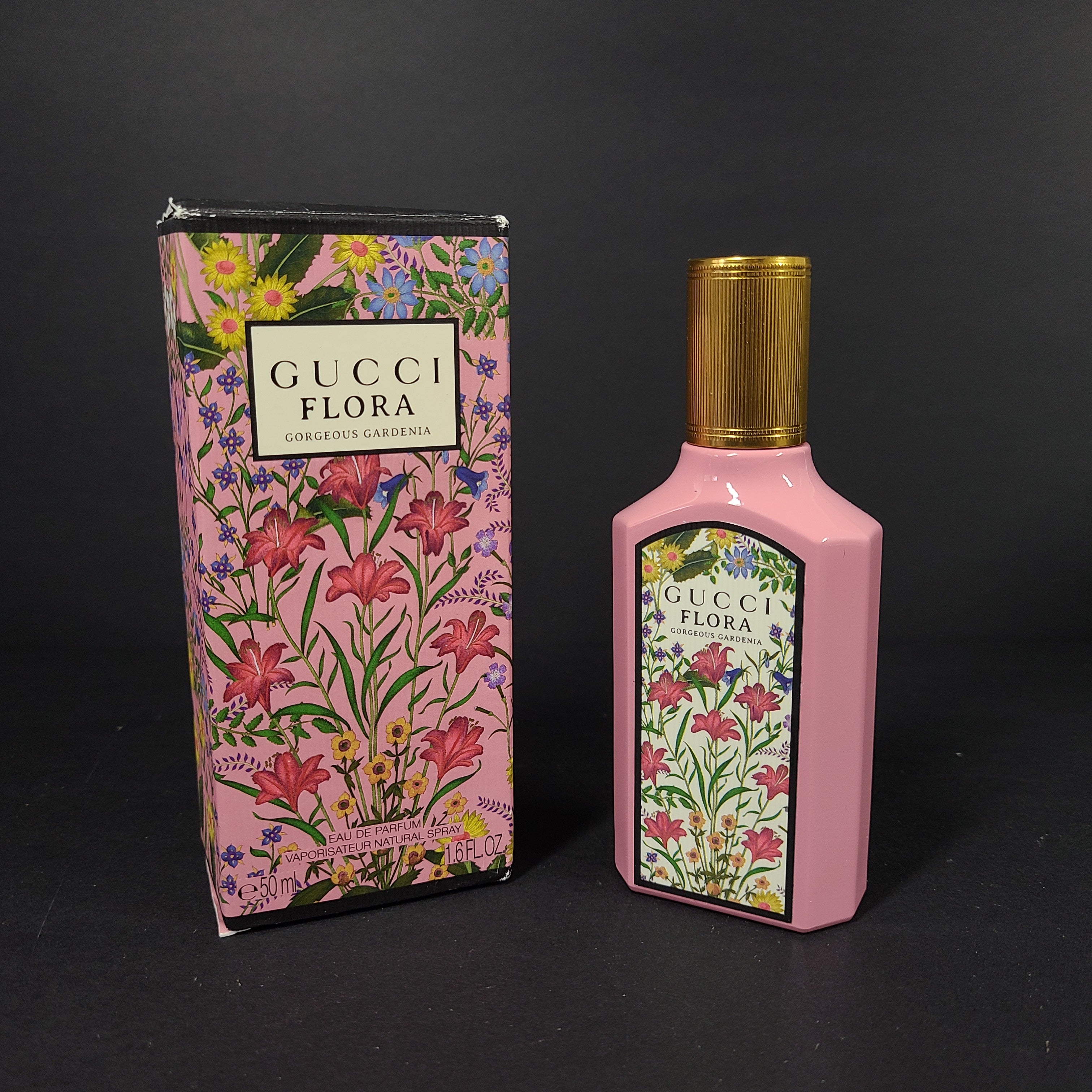 Gucci Flora Gorgeous Gardenia 50ml eau de parfum in a pink presentation, centered on gardenia and pear blossom notes.