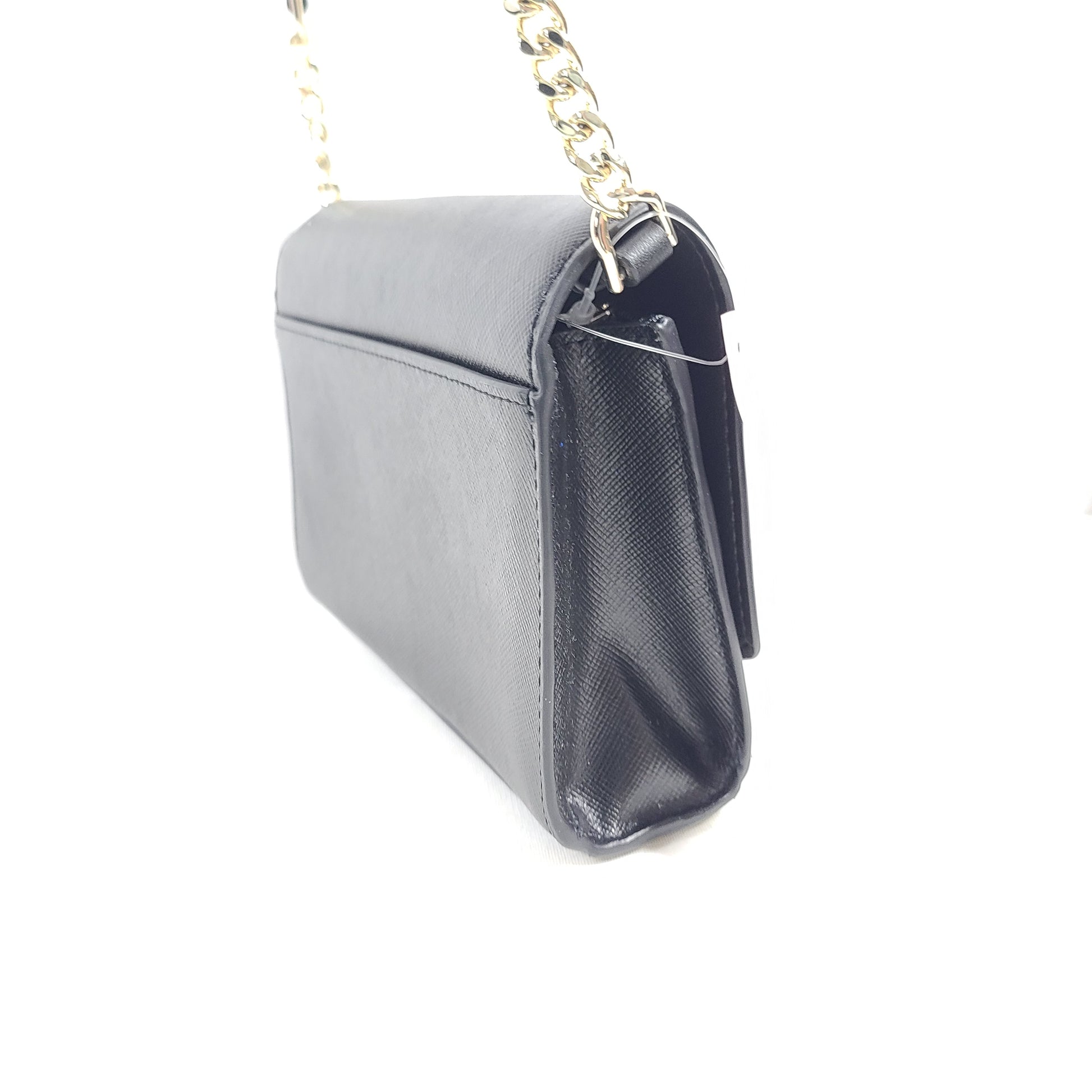 Kate Spade Staci small flip crossbody in black saffiano leather with a sleek silhouette and adjustable strap.