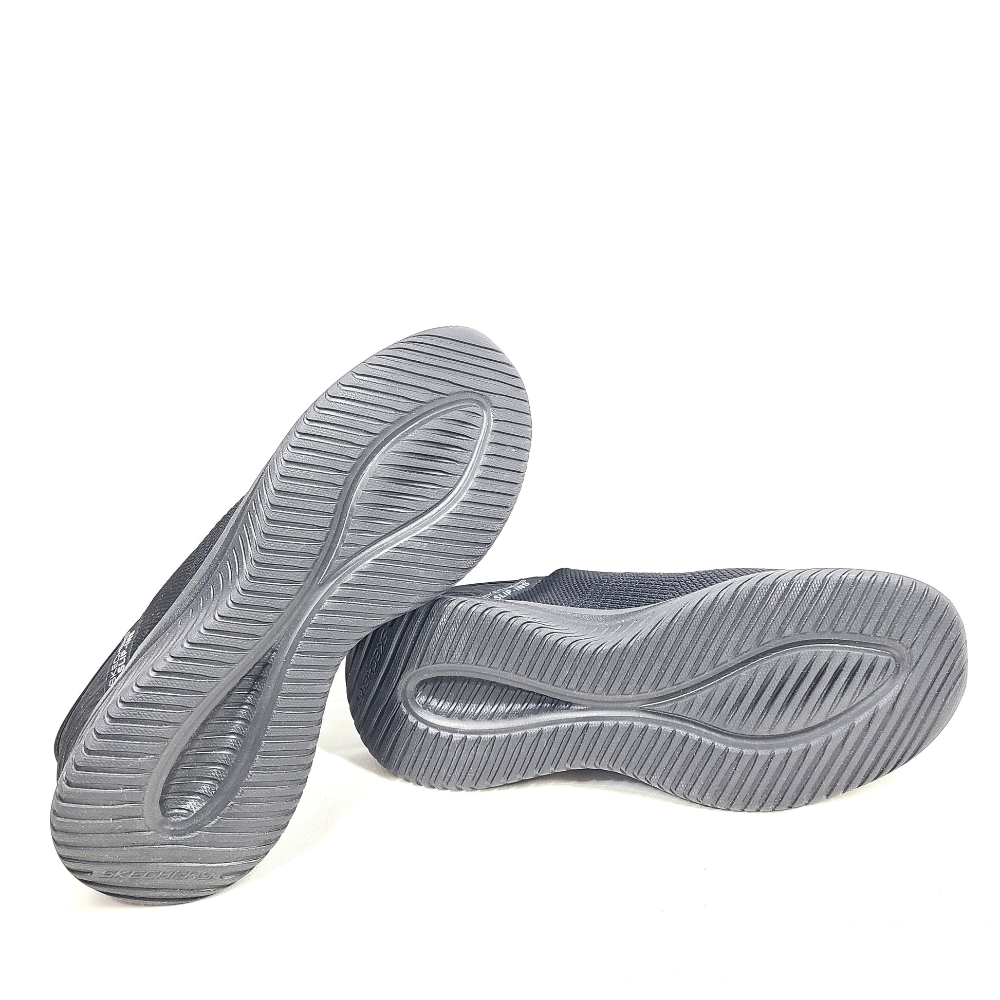 Black Skechers Slip-Ins Ultra Flex 3.0 men's slip-on shoes featuring knit upper and cushioned Air-Cooled Memory Foam for comfortable daily wear.