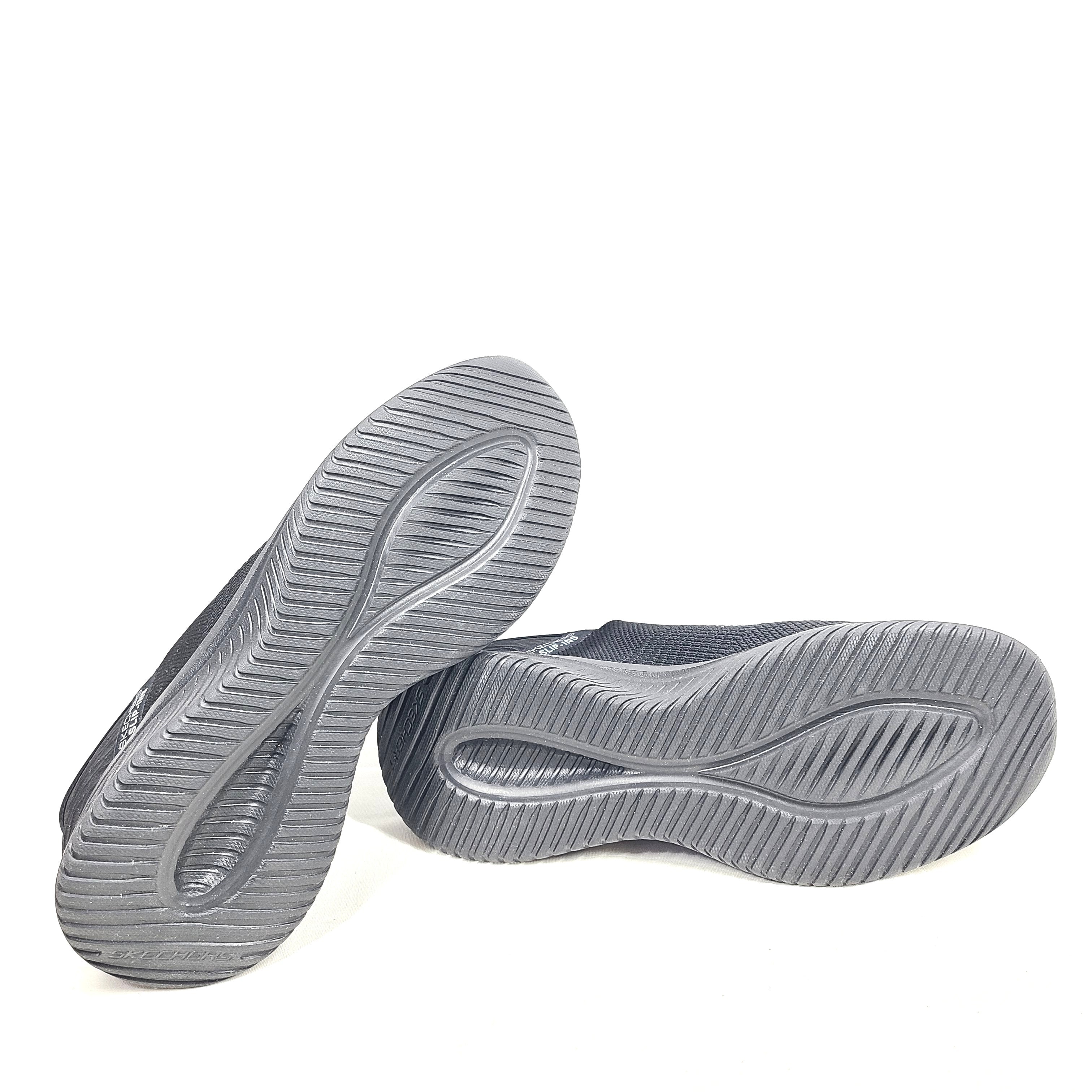 Black Skechers Slip-Ins Ultra Flex 3.0 men's slip-on shoes featuring knit upper and cushioned Air-Cooled Memory Foam for comfortable daily wear.