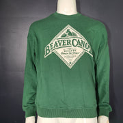 Roots Beaver Canoe Relaxed Crew Sweatshirt in forest green, size XS, with a relaxed crew fit and organic cotton construction.