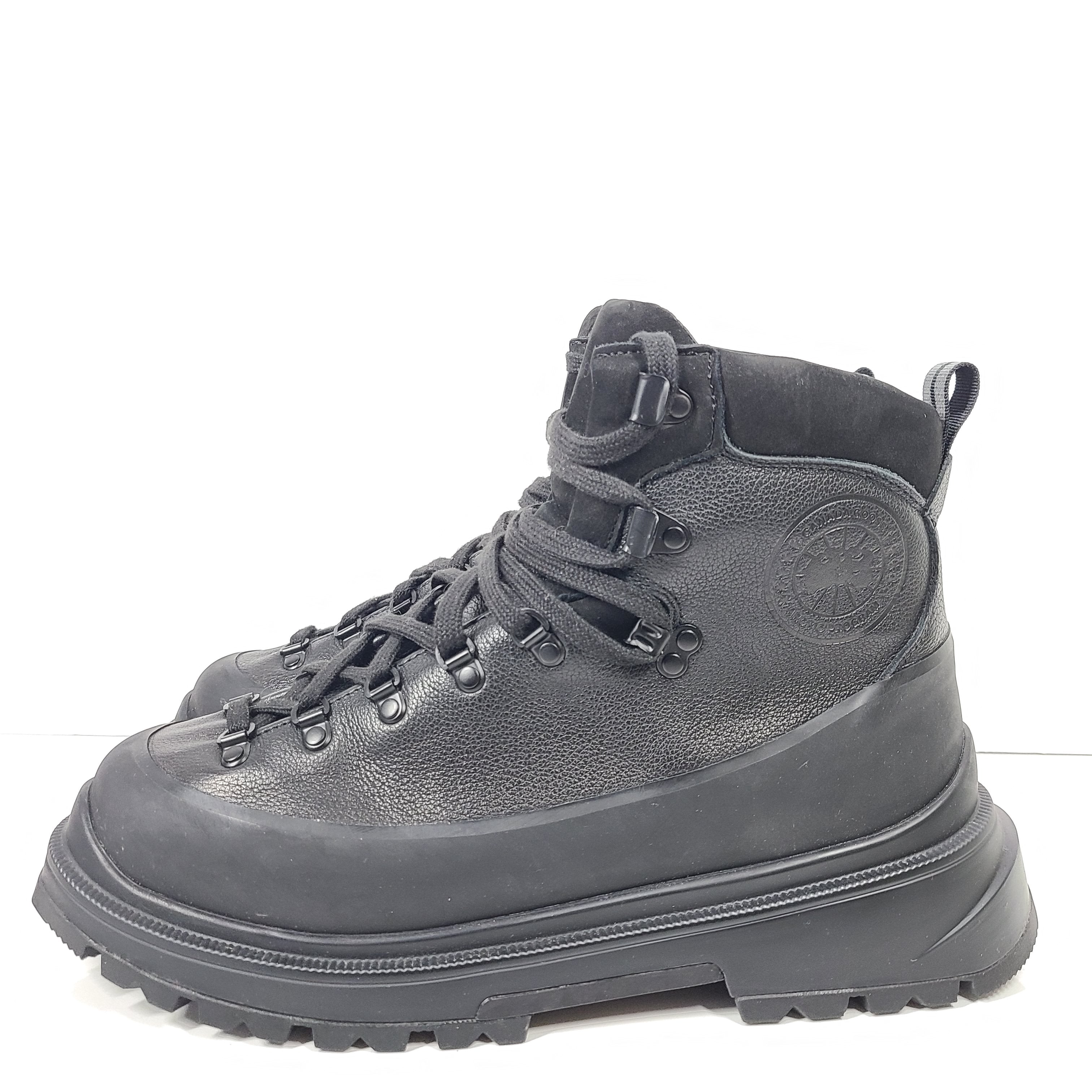 Black leather Canada Goose Journey boot in US size 11 with H Dry membrane and lug soles.