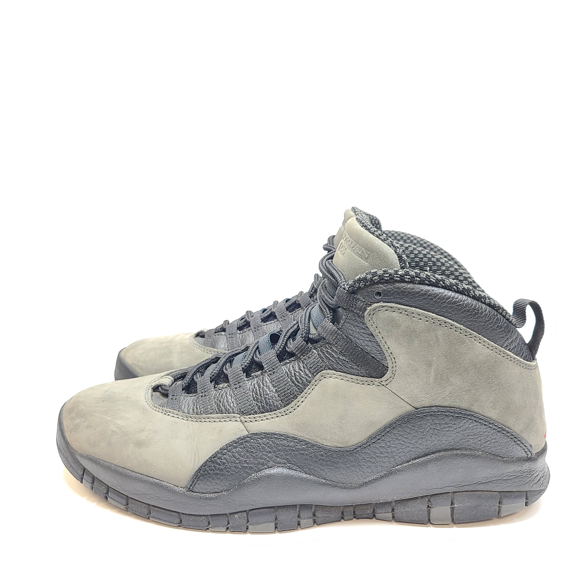 Air Jordan 10 Retro Shadow in gray and black, size US 13, with minor wear on soles and uppers.