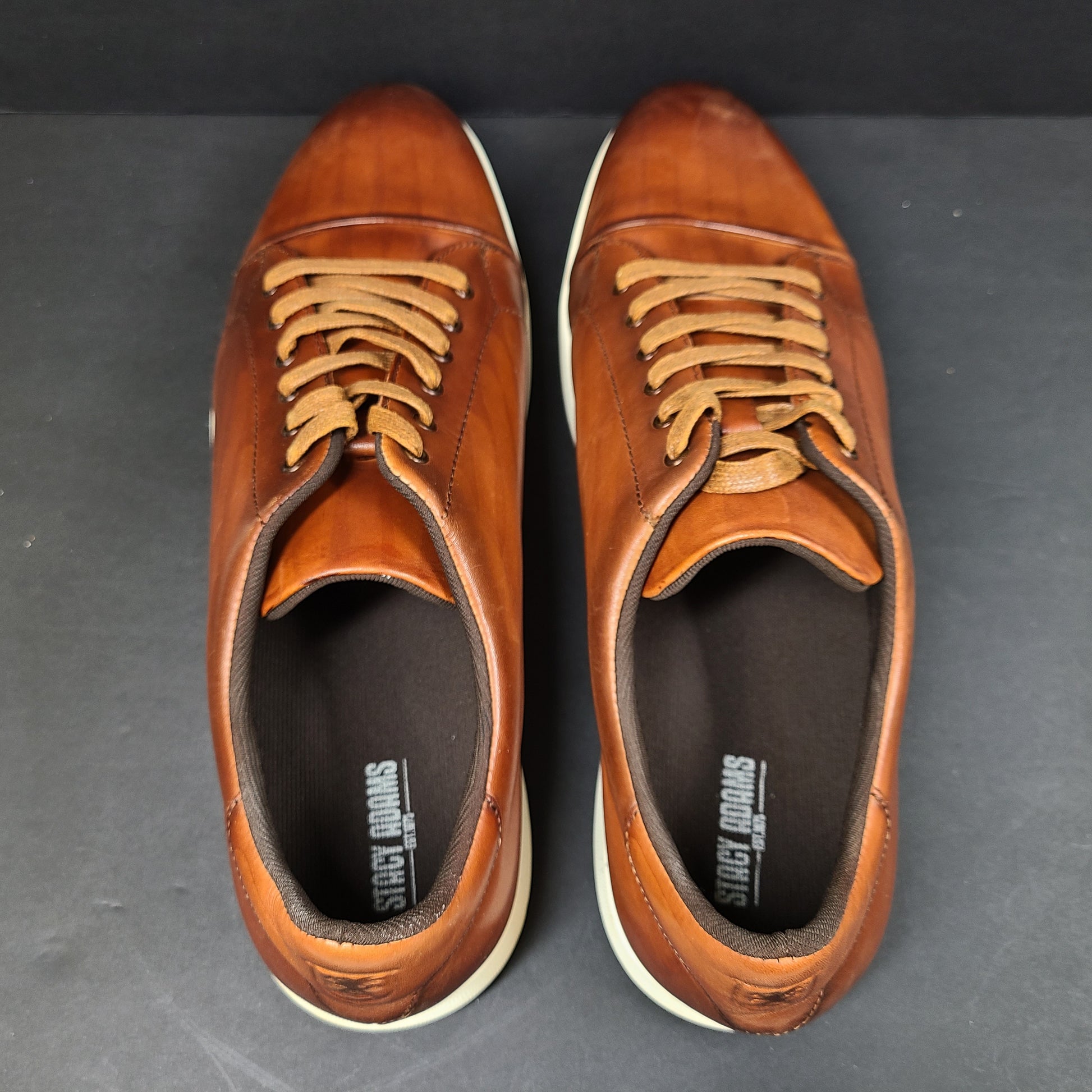 Brown Stacy Adams men's leather shoes in size 14 with textile lining and manmade sole designed for dress-casual wear.