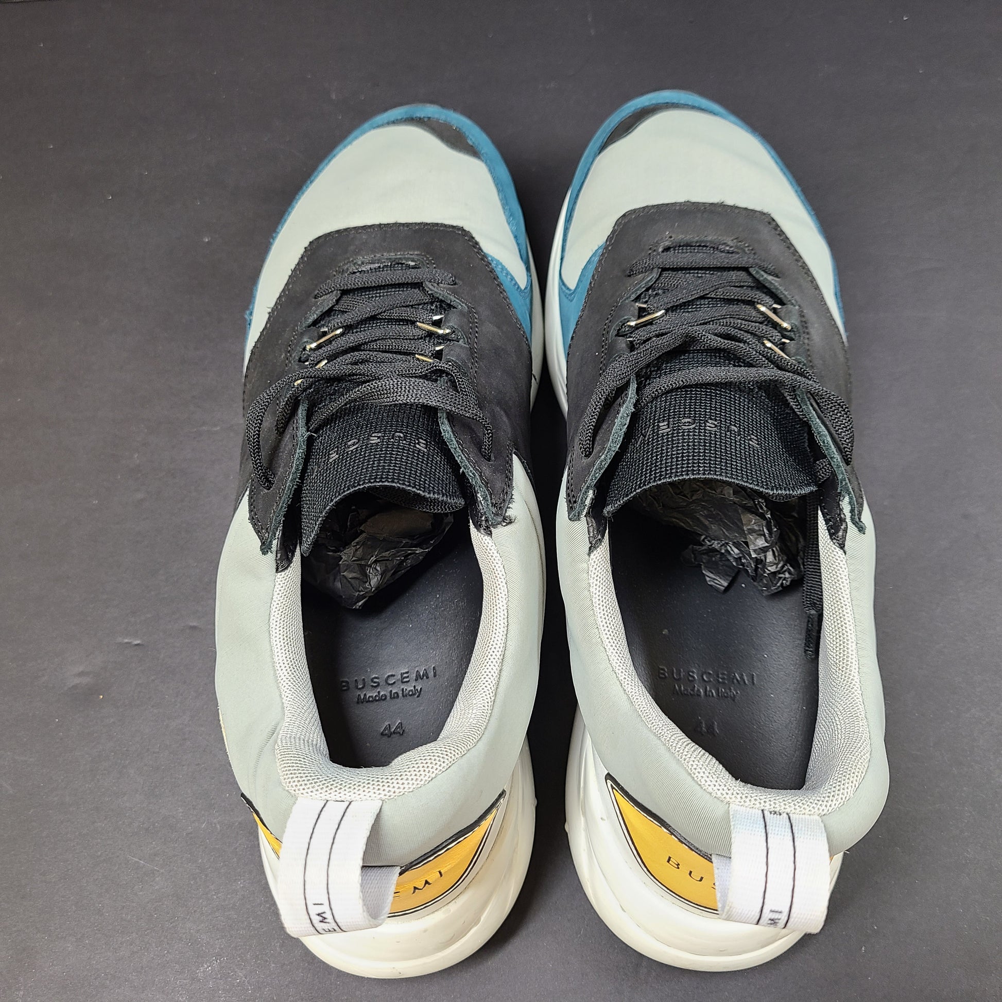 Buscemi multicolor leather sneakers in size 44 feature signature branding on tongue, heel, and sole.