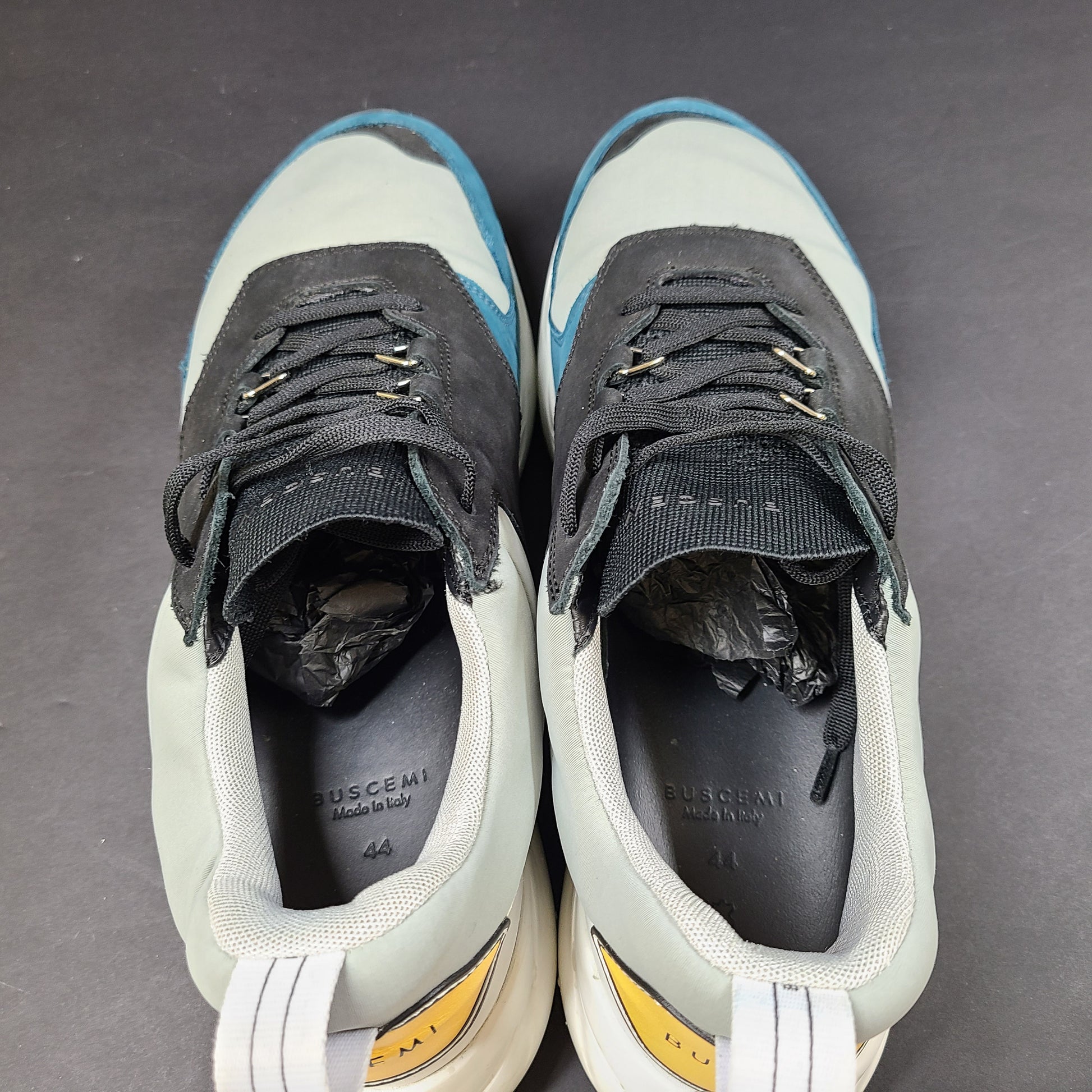 Buscemi multicolor leather sneakers in size 44 feature signature branding on tongue, heel, and sole.