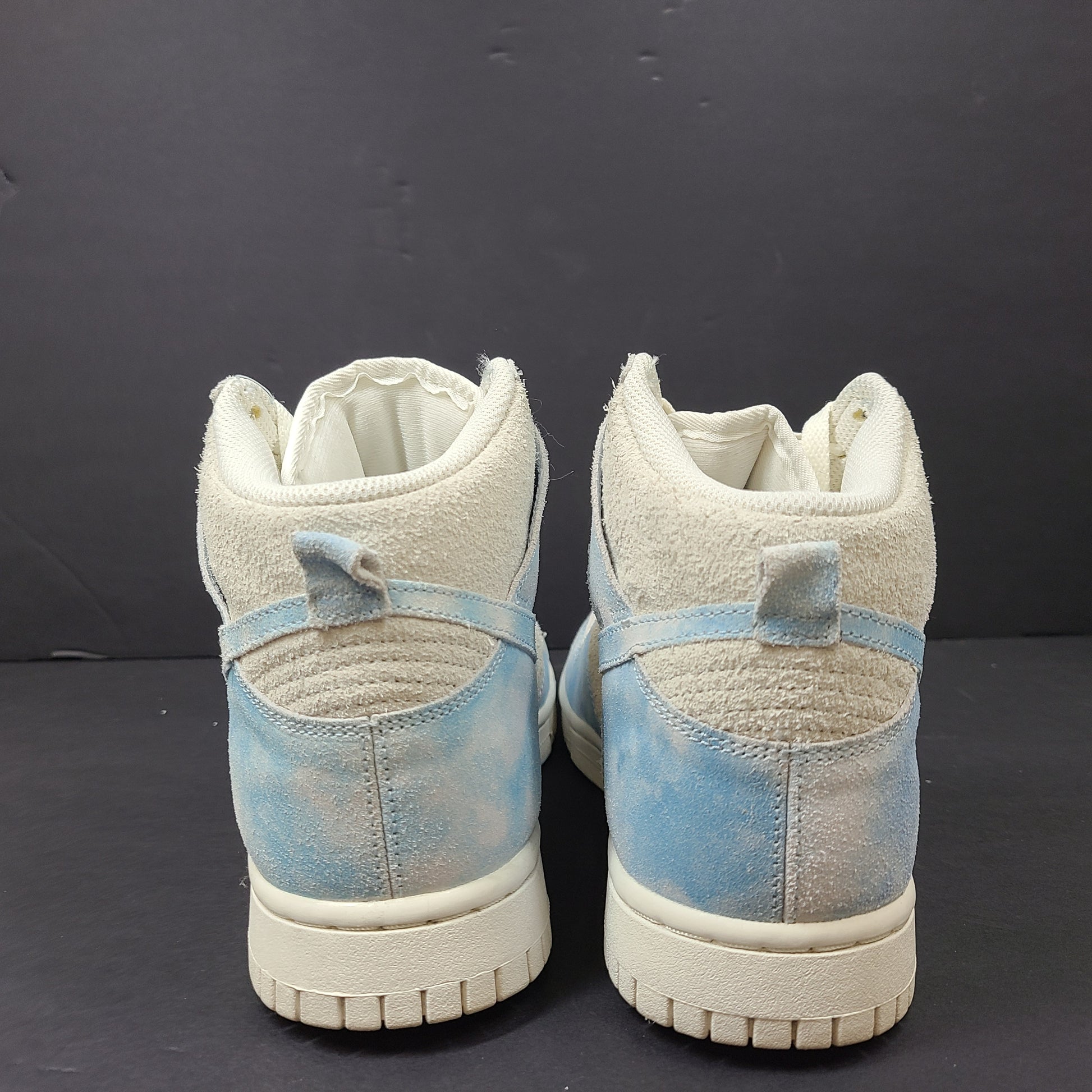 Nike Dunk High SE in Celestine Blue and Cream suede with a high-top silhouette in UK size 6.