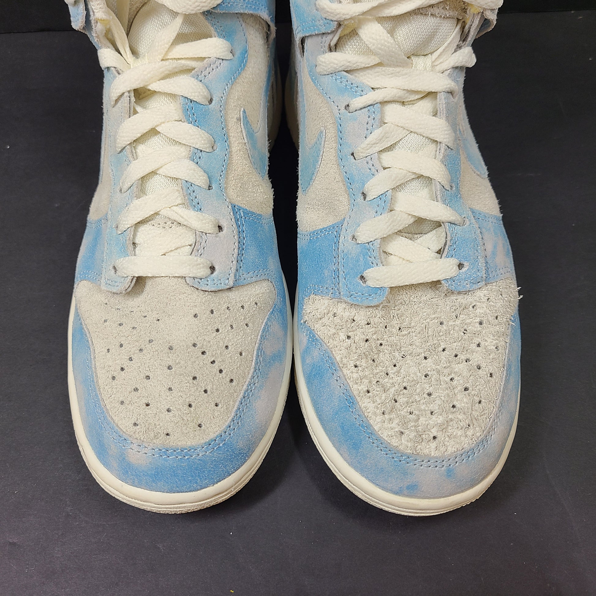 Nike Dunk High SE in Celestine Blue and Cream suede with a high-top silhouette in UK size 6.