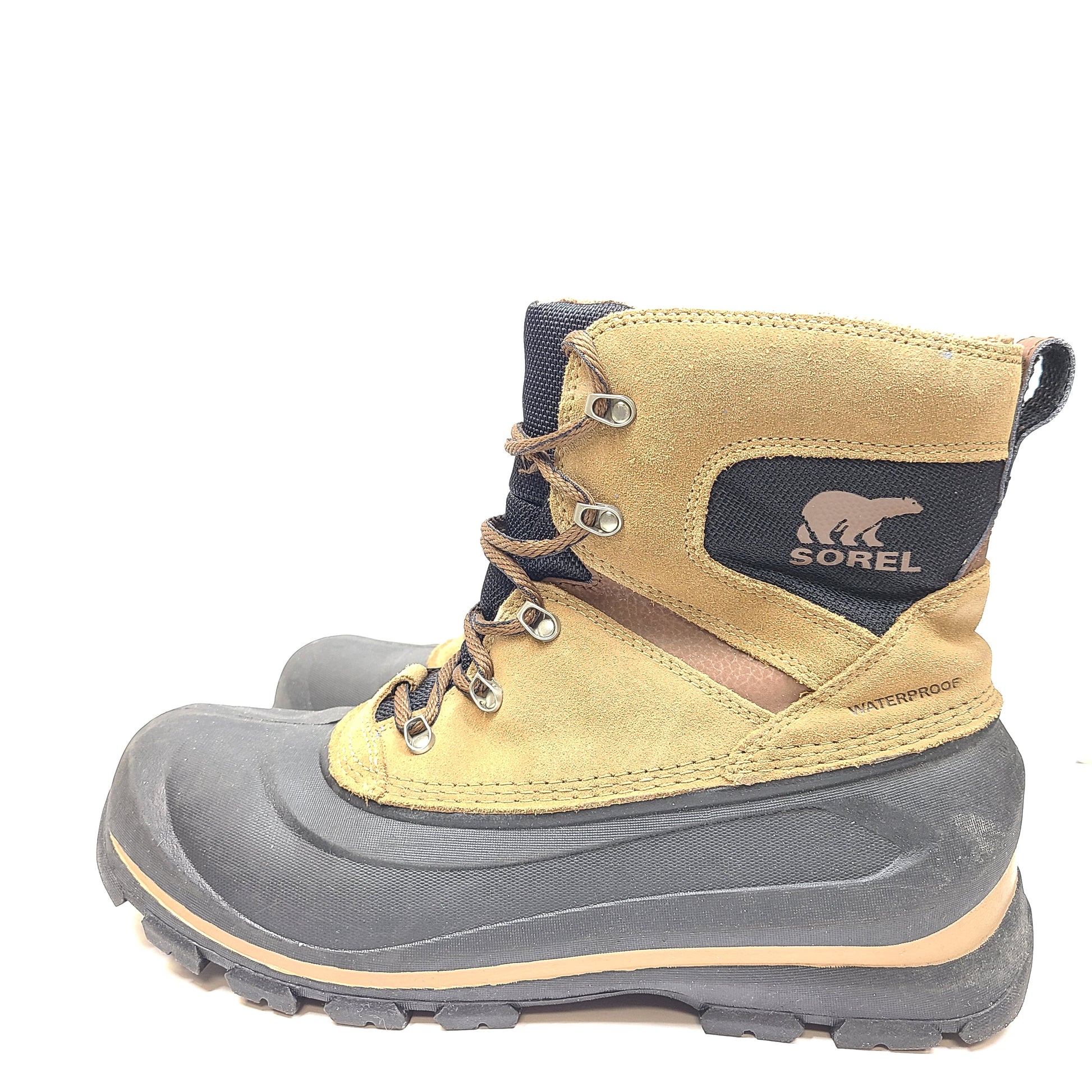 Brown Sorel men's waterproof faux-fur lined boots in US size 10 designed for wet and cold conditions.