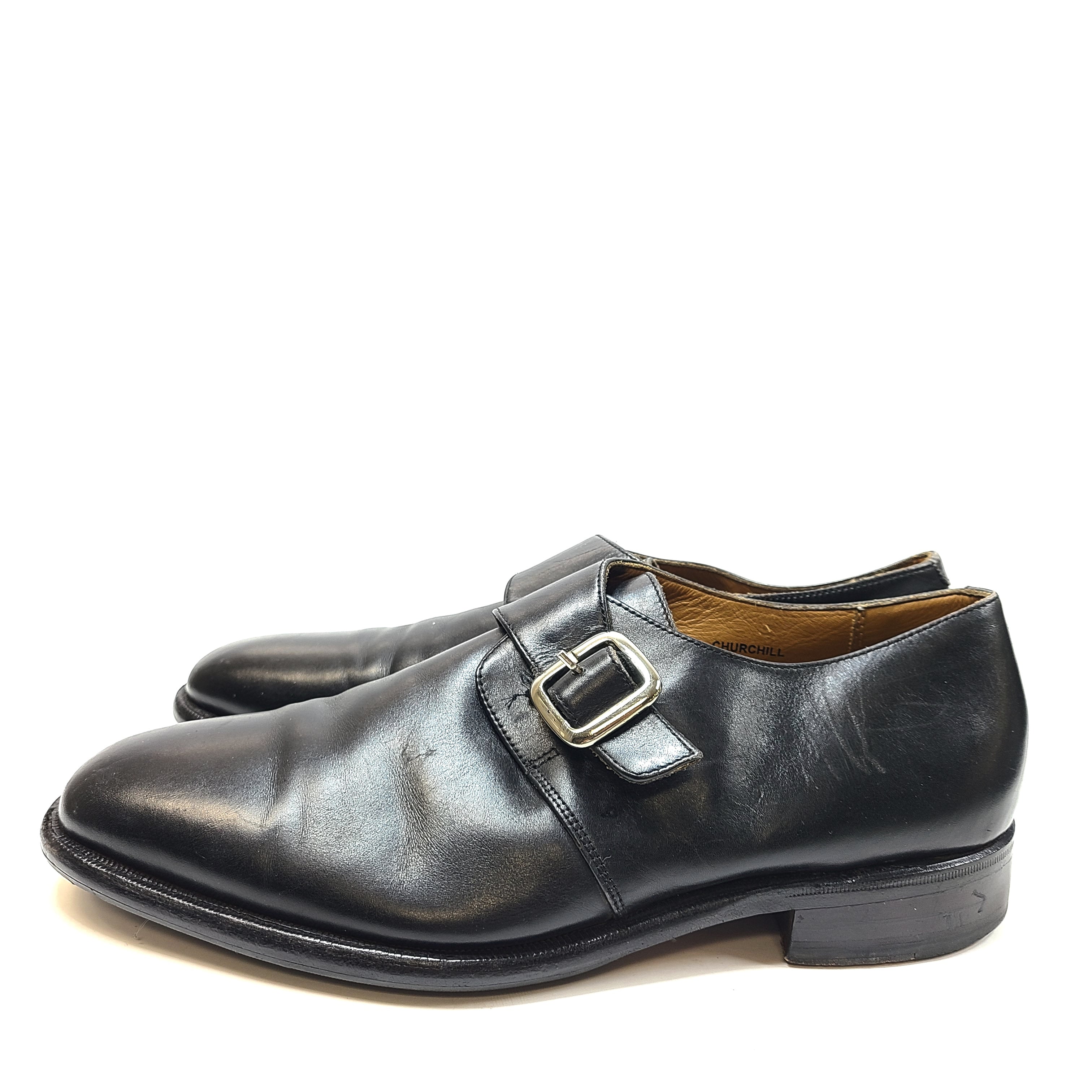 A black leather monk strap men's dress shoe in size 10.5F labeled Churchill.