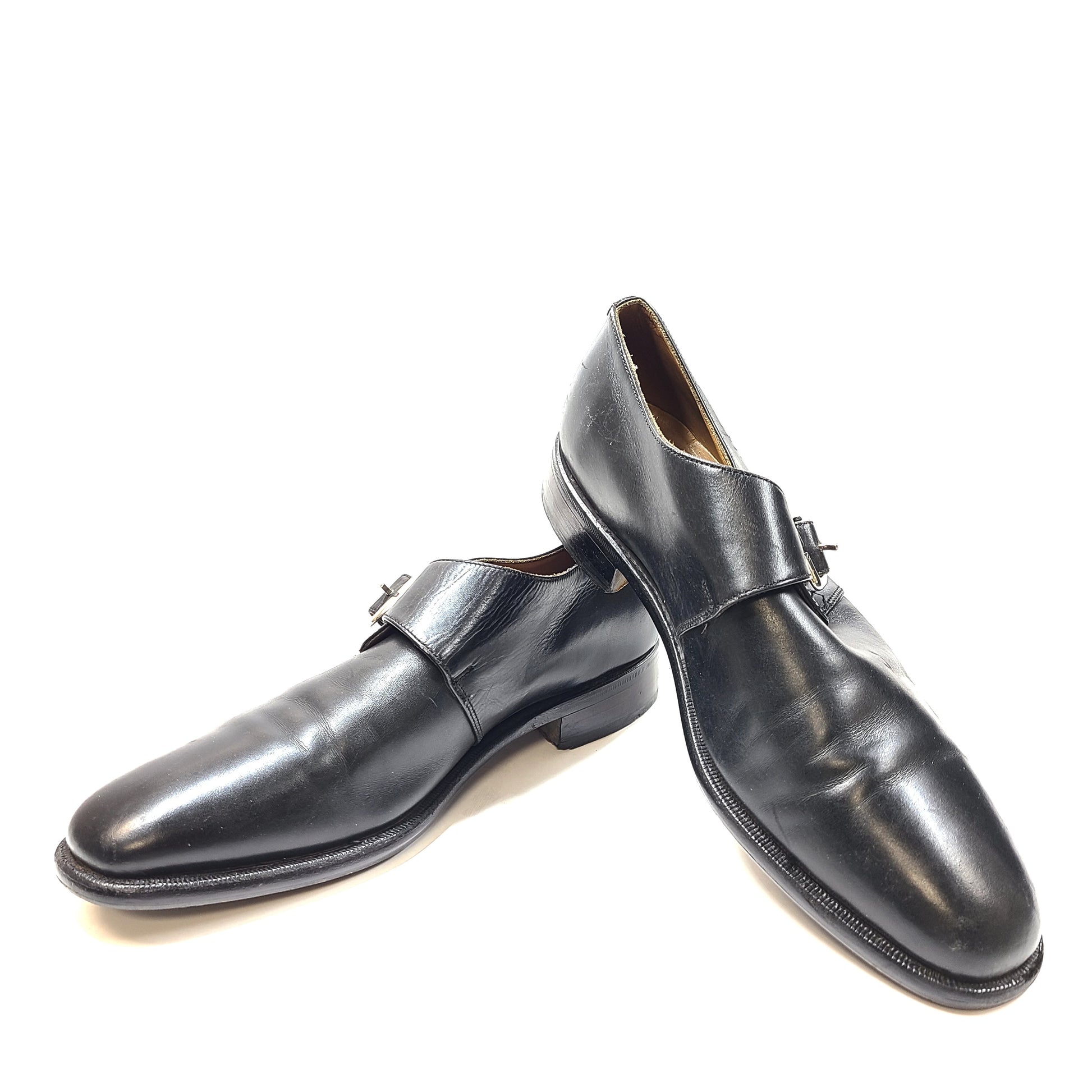 A black leather monk strap men's dress shoe in size 10.5F labeled Churchill.