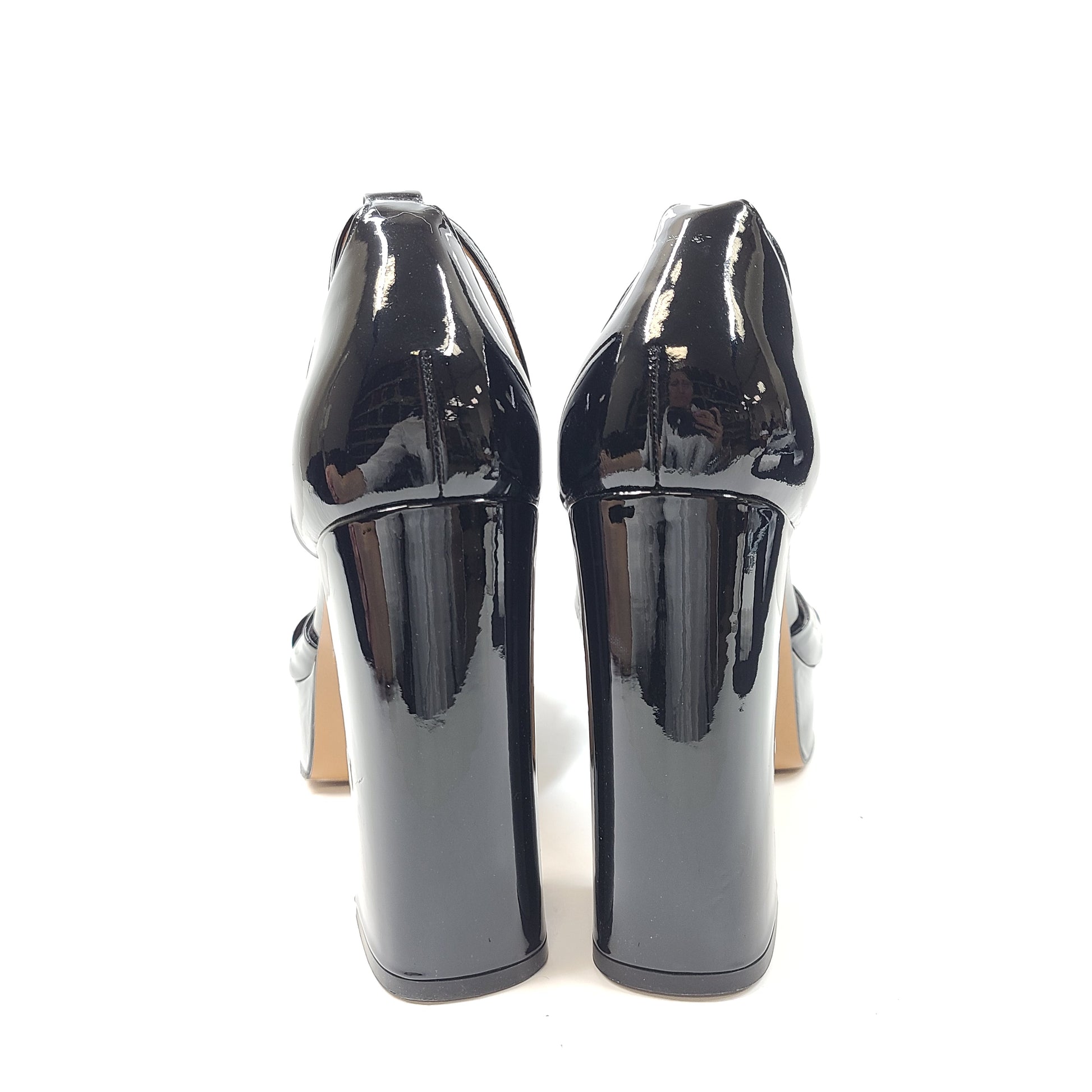 Black patent leather high-heel sandals feature a slender stiletto and platform, size 40, origin Portugal.