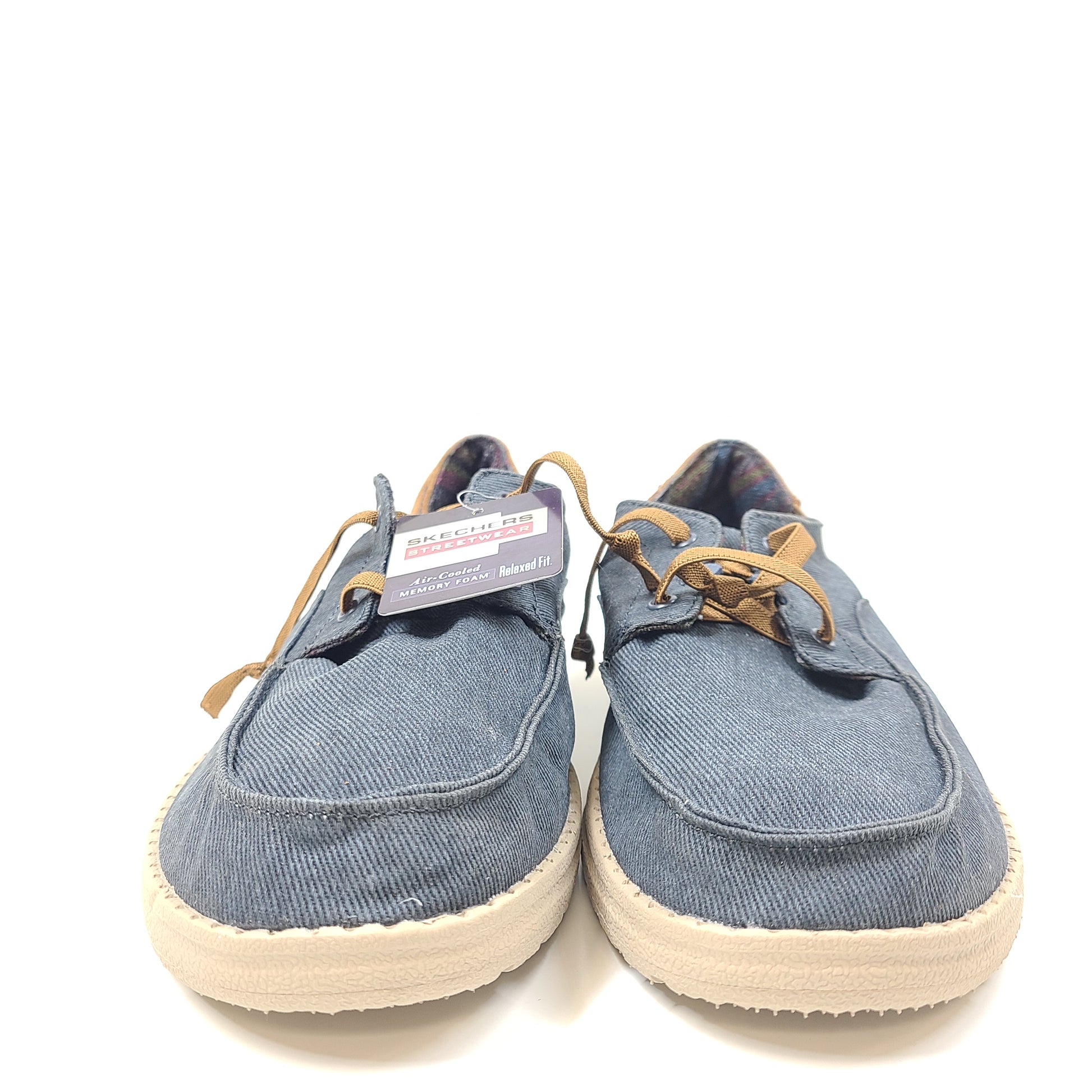Navy and brown Skechers Melson Planon slip-on relaxed-fit shoes with cushioned memory foam insole.