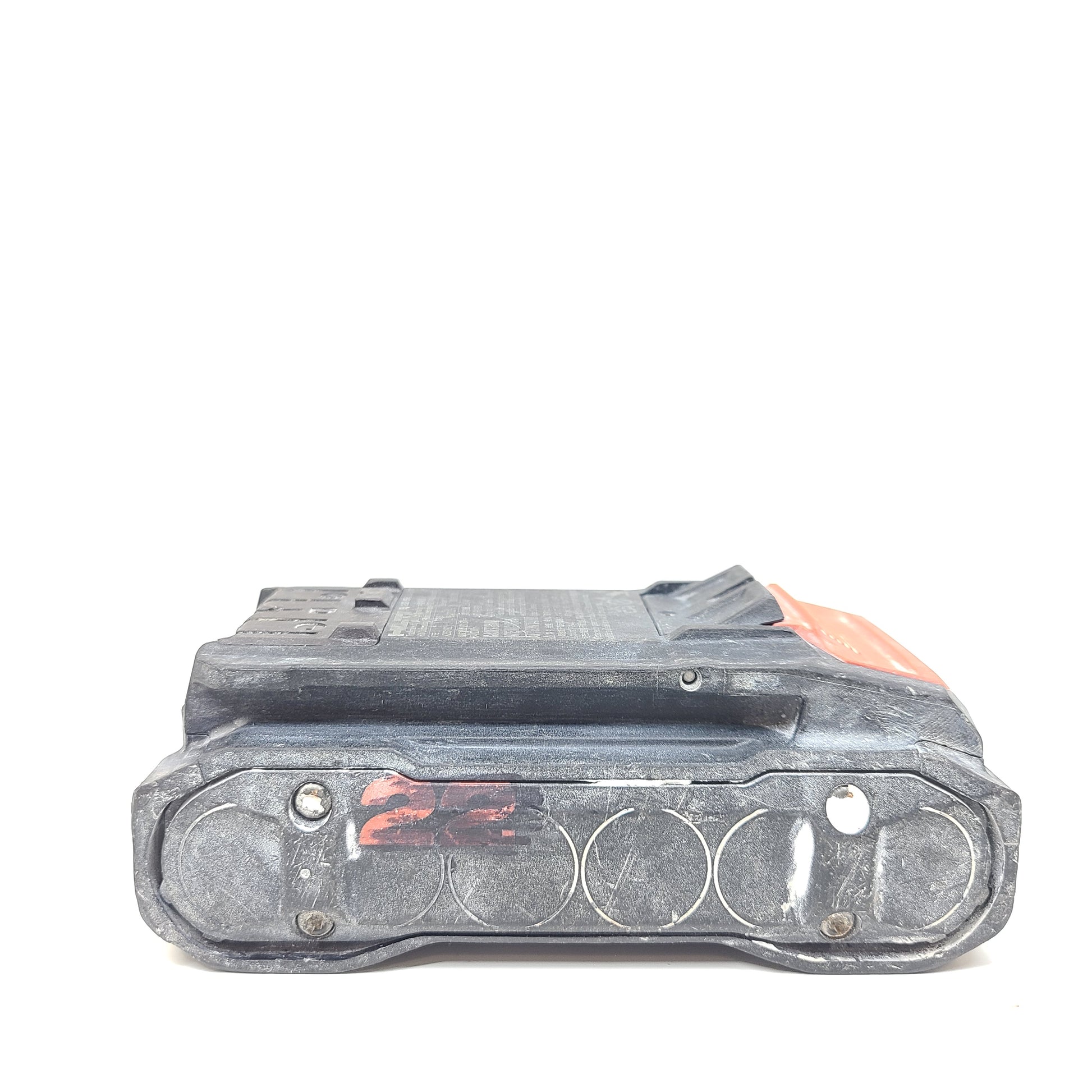 Hilti B22/3.0 21.6V battery pack in black and red with worn exterior and surface scratches.