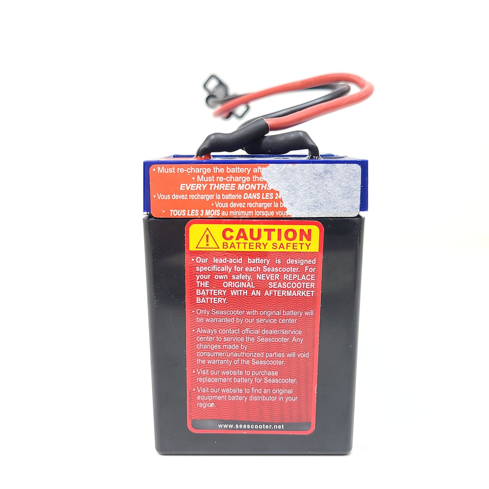 Blue and black sealed 12V 7.5Ah Seascooter lead-acid battery with attached cables and connectors.