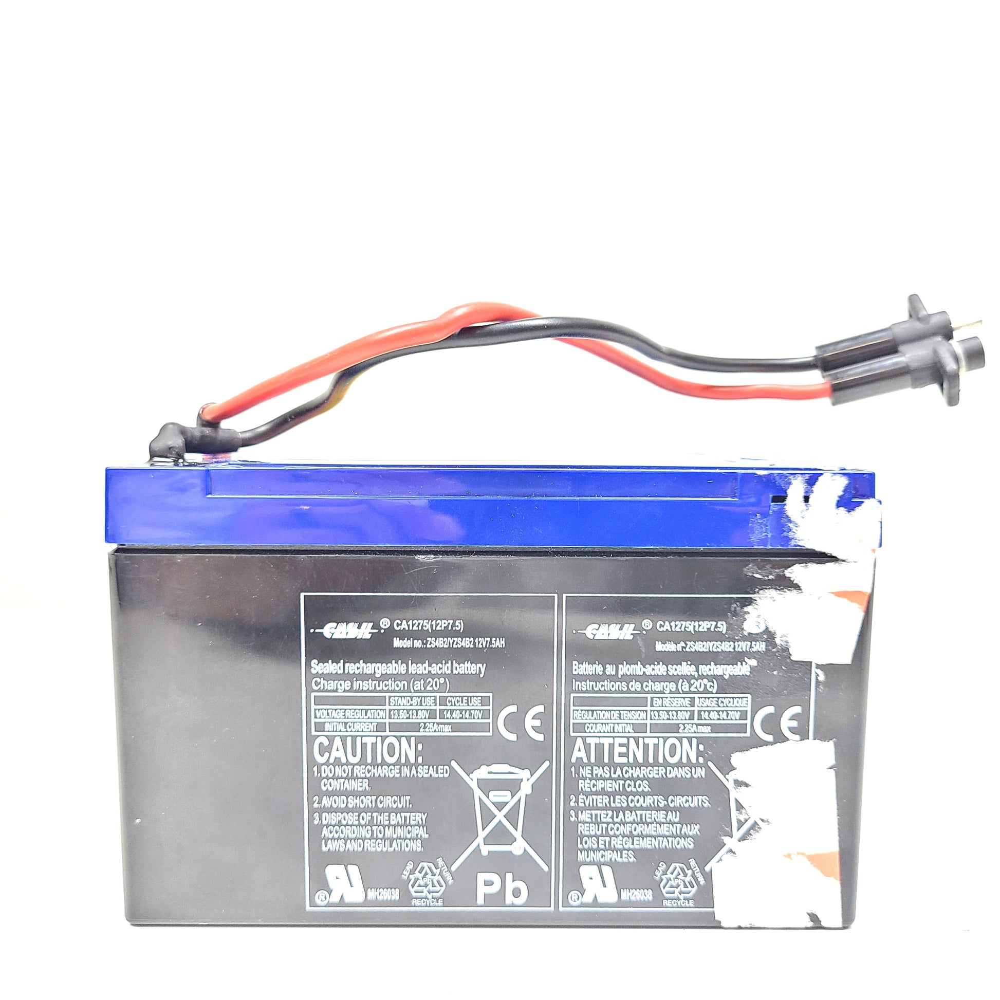 Blue and black sealed 12V 7.5Ah Seascooter lead-acid battery with attached cables and connectors.