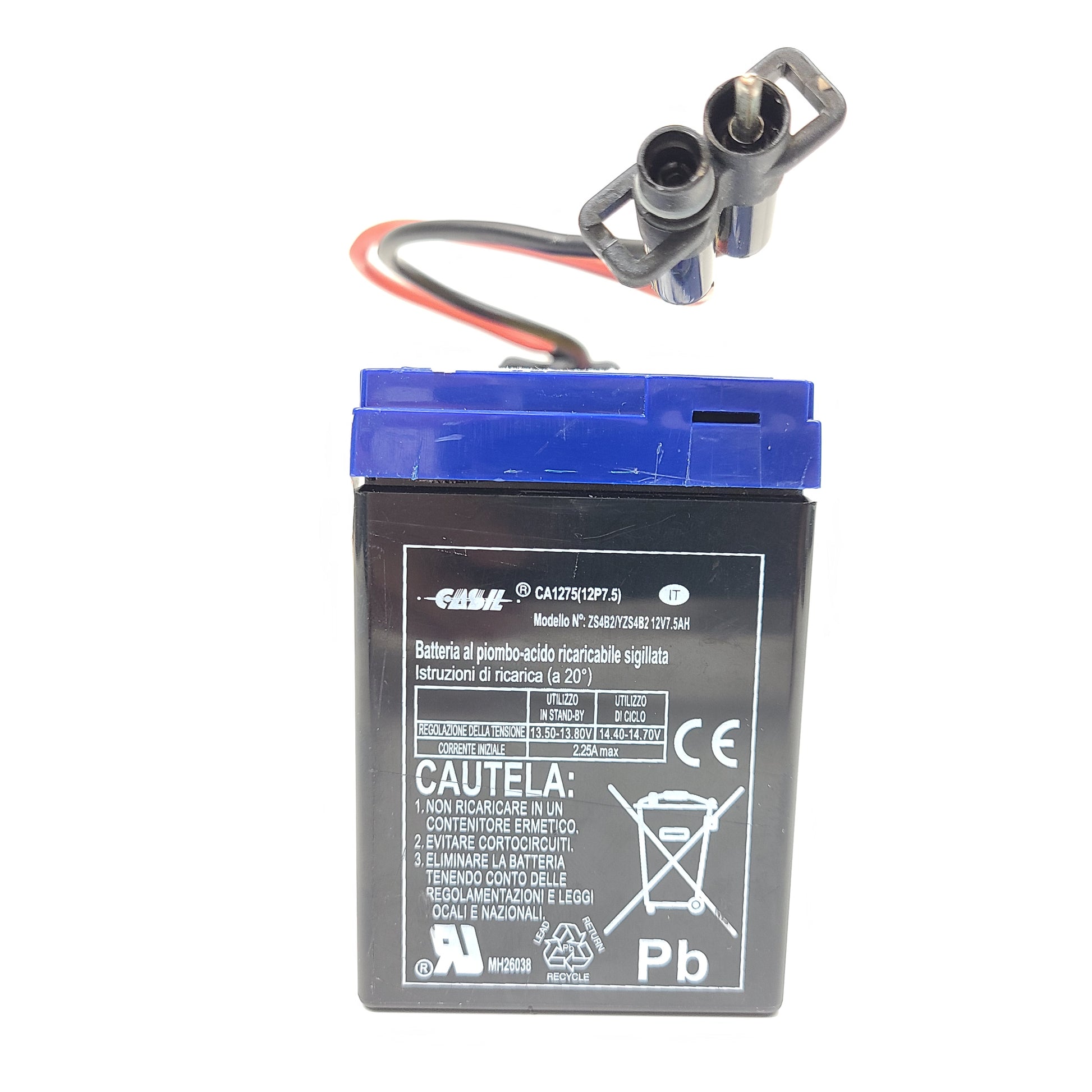 Blue and black sealed 12V 7.5Ah Seascooter lead-acid battery with attached cables and connectors.
