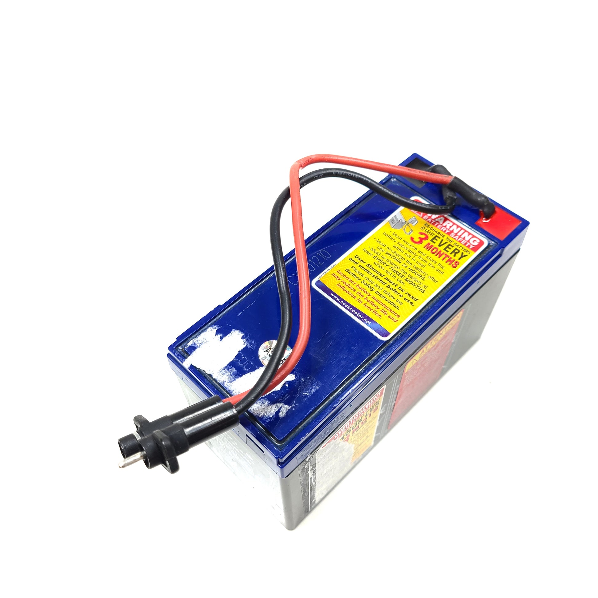 Blue and black sealed 12V 7.5Ah Seascooter lead-acid battery with attached cables and connectors.