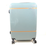 A light blue Samsonite medium suitcase with yellow accents and a front Samsonite logo.