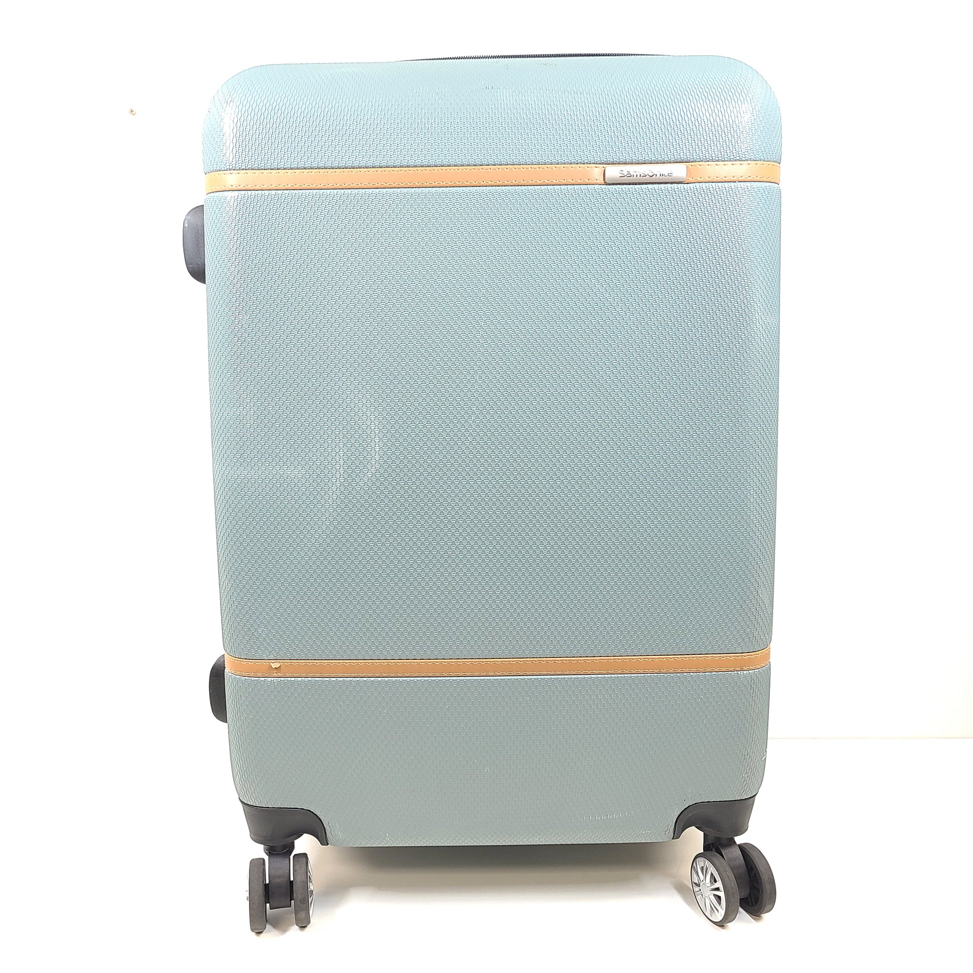 A light blue Samsonite medium suitcase with yellow accents and a front Samsonite logo.