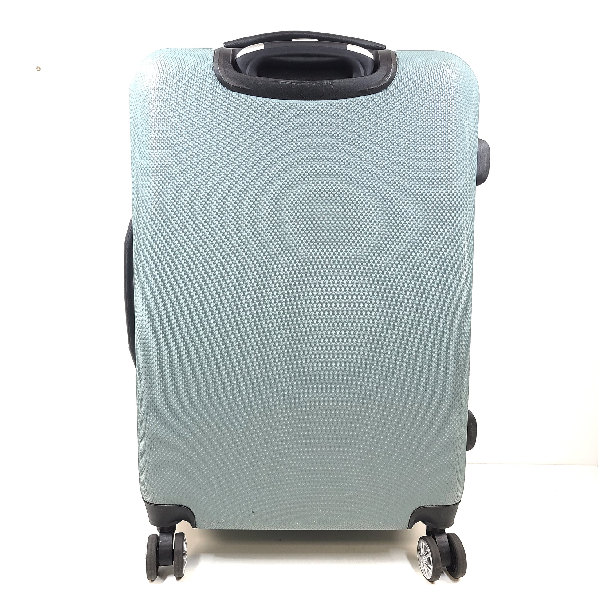 A light blue Samsonite medium suitcase with yellow accents and a front Samsonite logo.