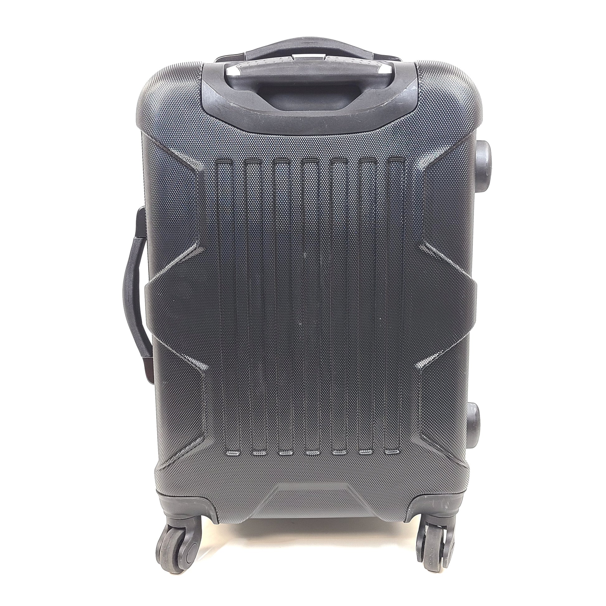 Black hard-shell suitcase with textured finish and 360-degree spinner wheels for smooth mobility.