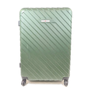Green SwissGear hard-shell spinner luggage with retractable handle and interior straps.