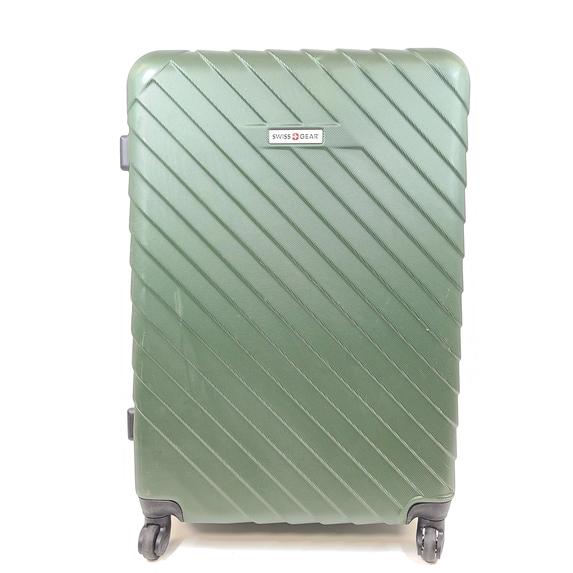 Green SwissGear hard-shell spinner luggage with retractable handle and interior straps.