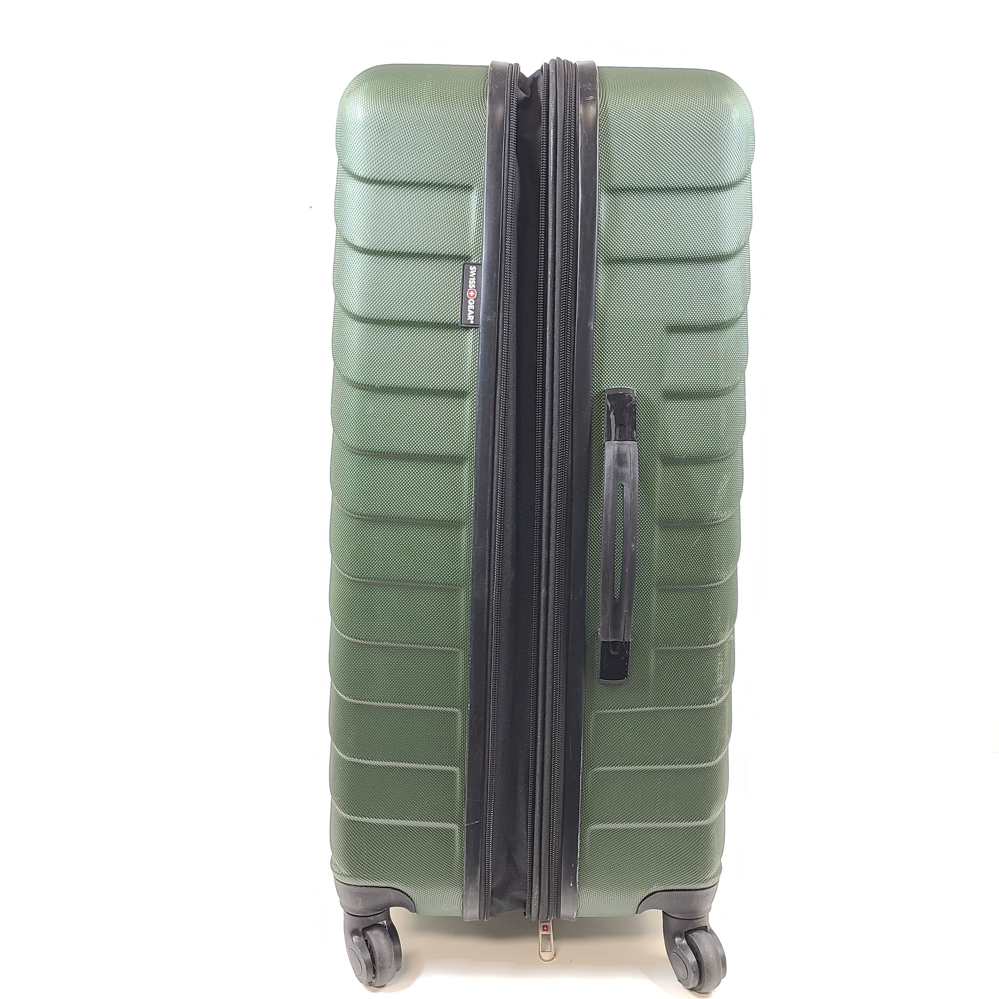 Green SwissGear hard-shell spinner luggage with retractable handle and interior straps.