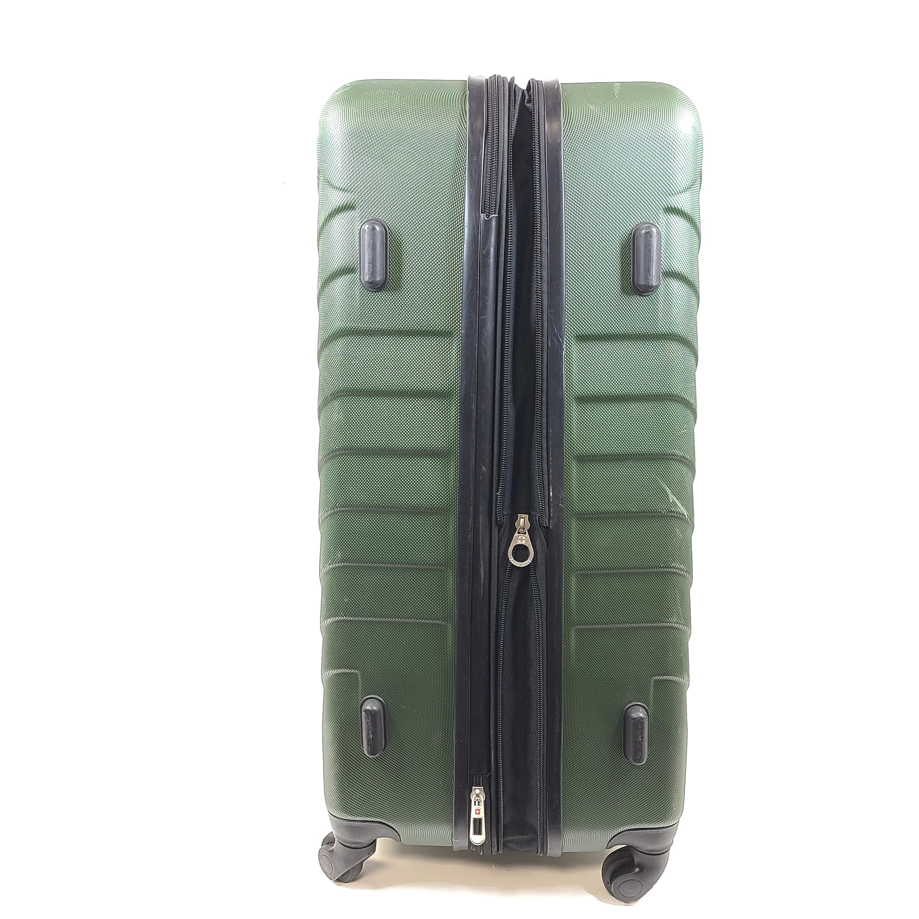 Green SwissGear hard-shell spinner luggage with retractable handle and interior straps.