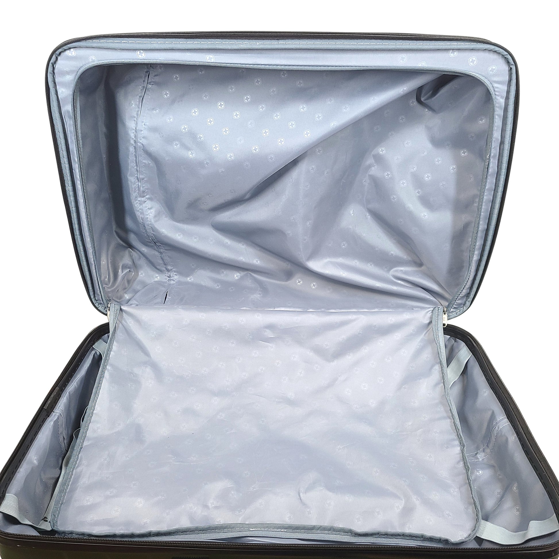 Green SwissGear hard-shell spinner luggage with retractable handle and interior straps.