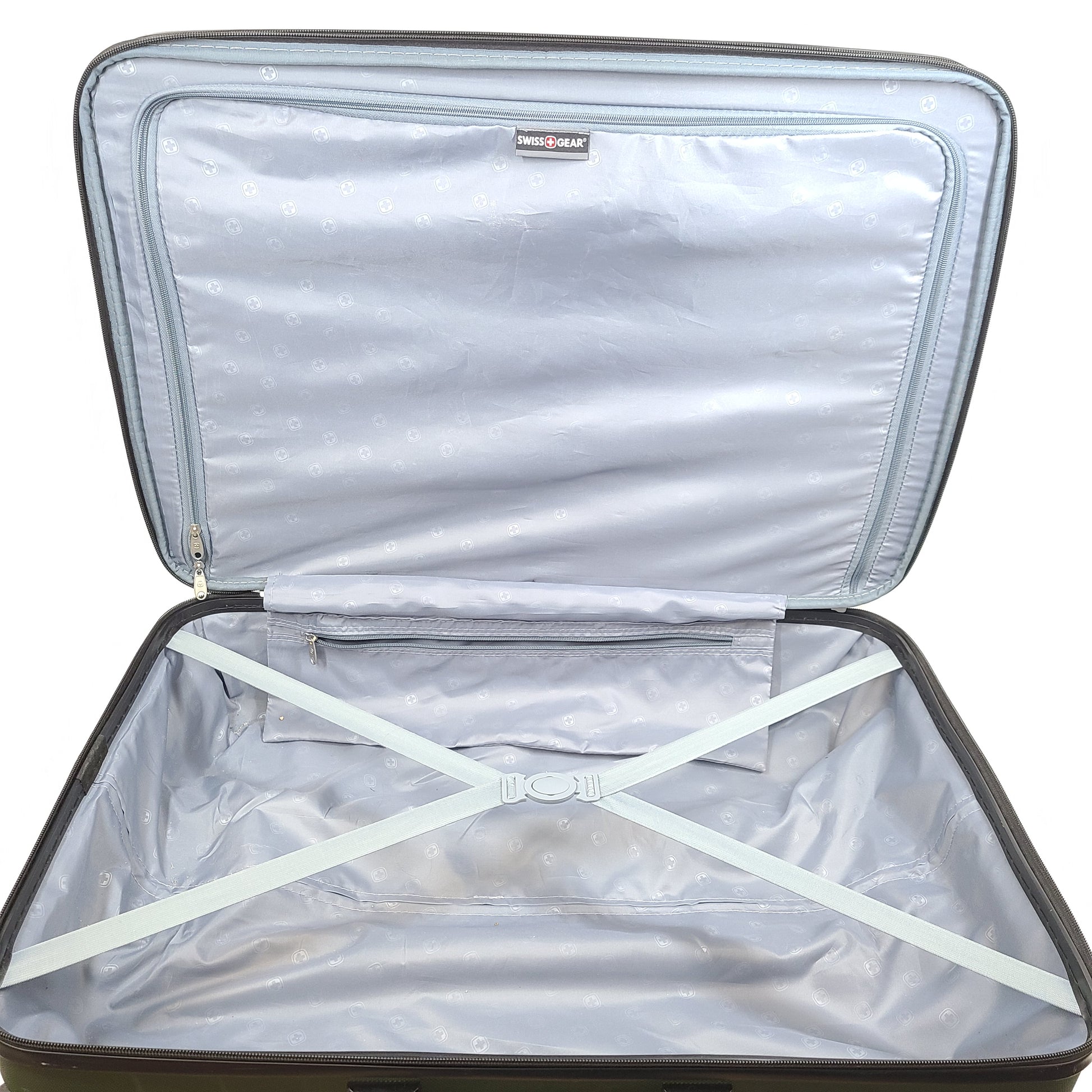 Green SwissGear hard-shell spinner luggage with retractable handle and interior straps.