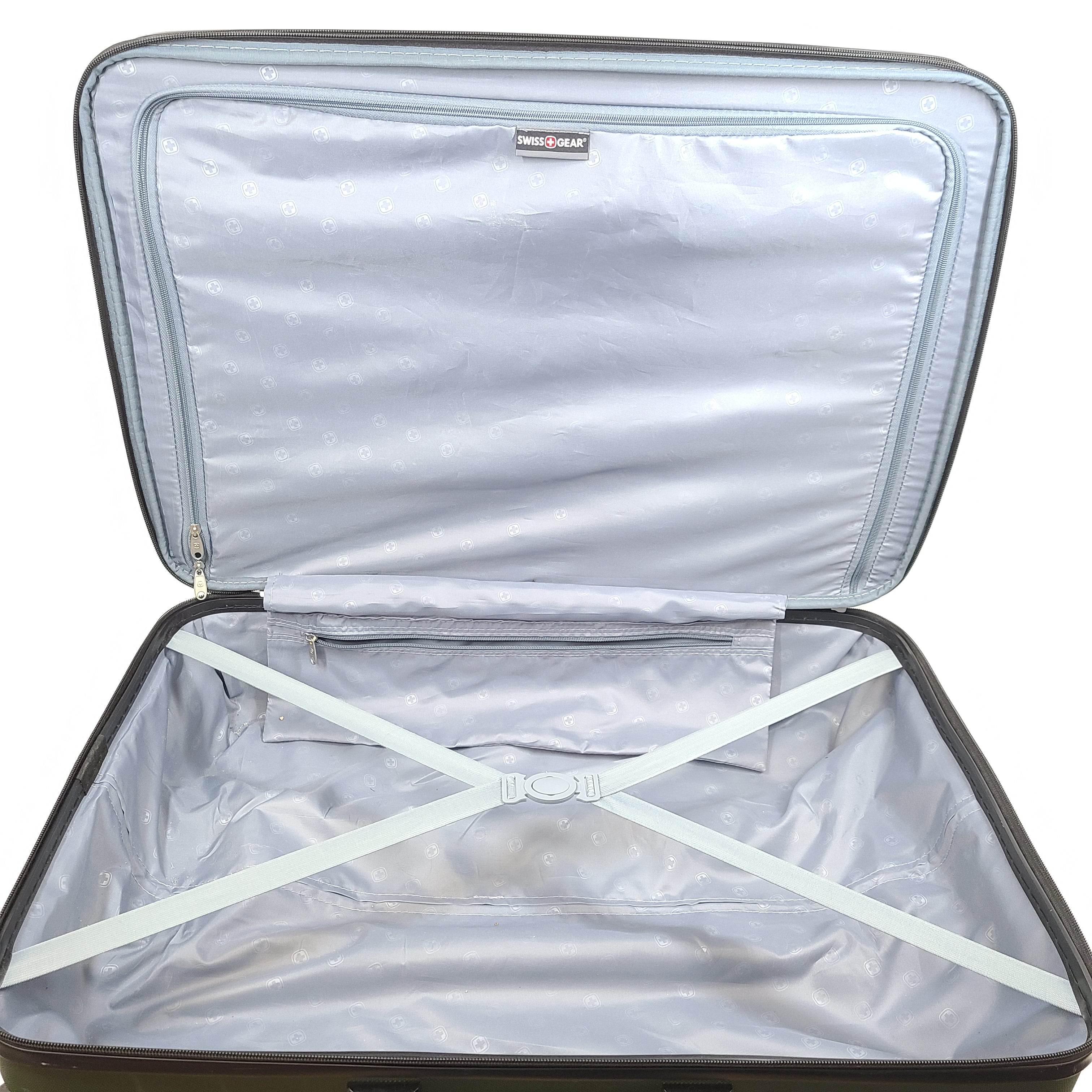 Green SwissGear hard-shell spinner luggage with retractable handle and interior straps.