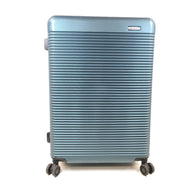 A blue Samsonite suitcase with scuffs and scratches on the exterior and a clean, well-kept interior.