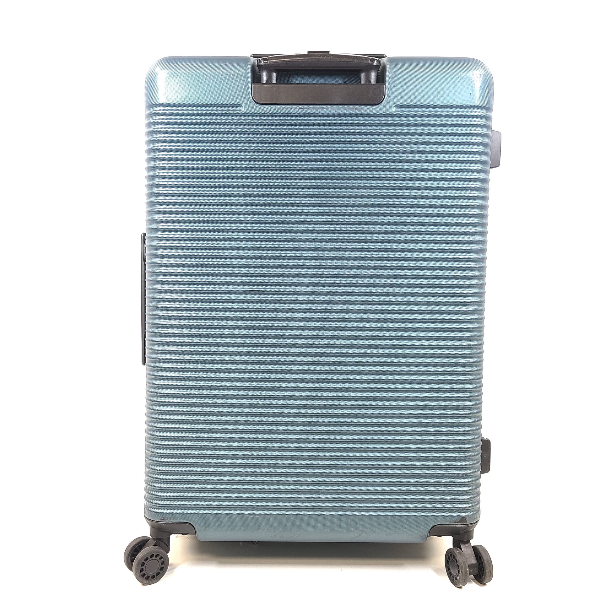 A blue Samsonite suitcase with scuffs and scratches on the exterior and a clean, well-kept interior.