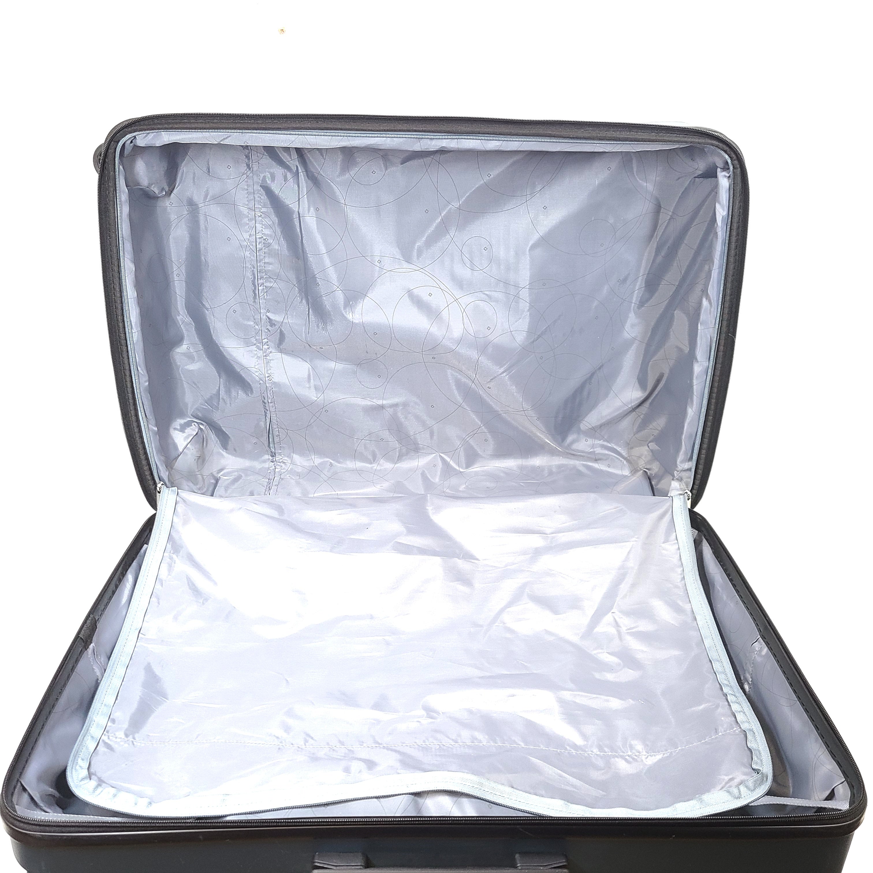 A blue Samsonite suitcase with scuffs and scratches on the exterior and a clean, well-kept interior.