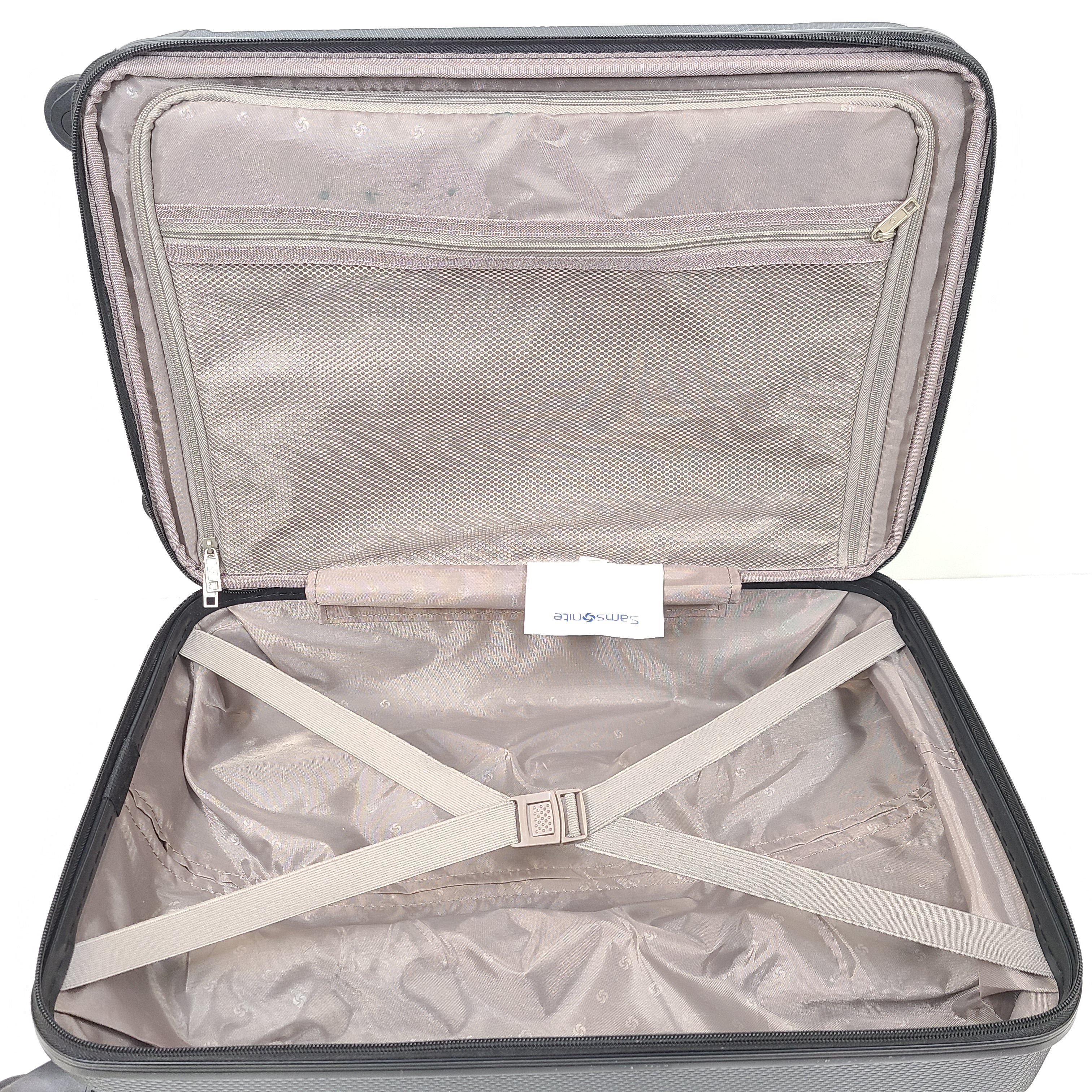Gray Samsonite suitcase model 73652 with minor exterior scratches and light wear.