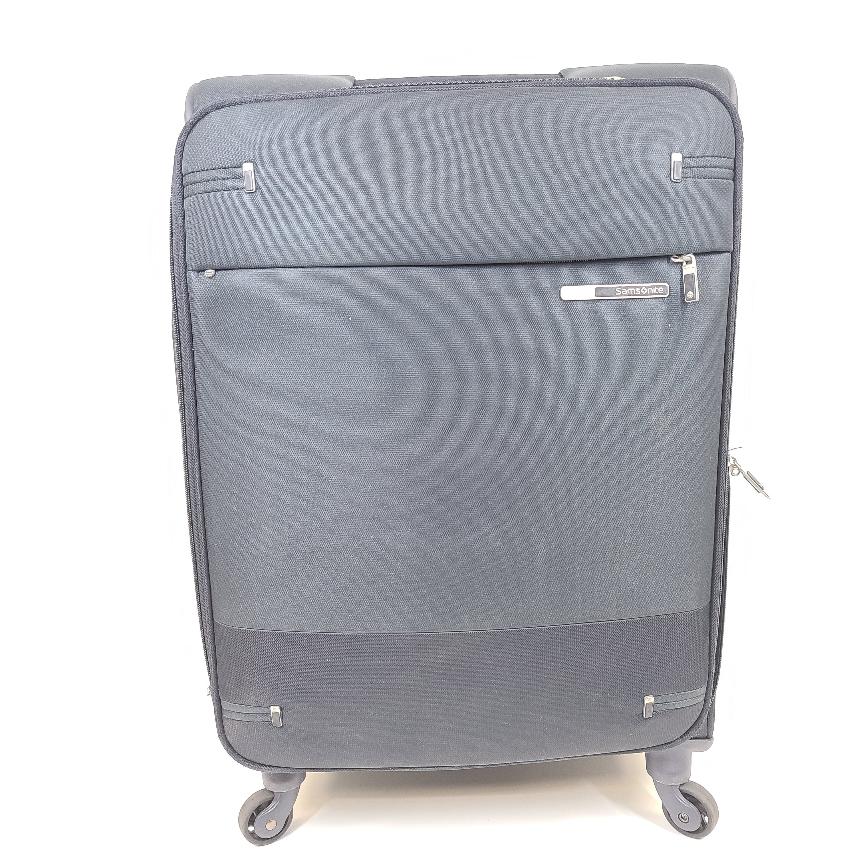 Black Samsonite Super Light spinner suitcase designed for lightweight travel and effortless maneuvering.