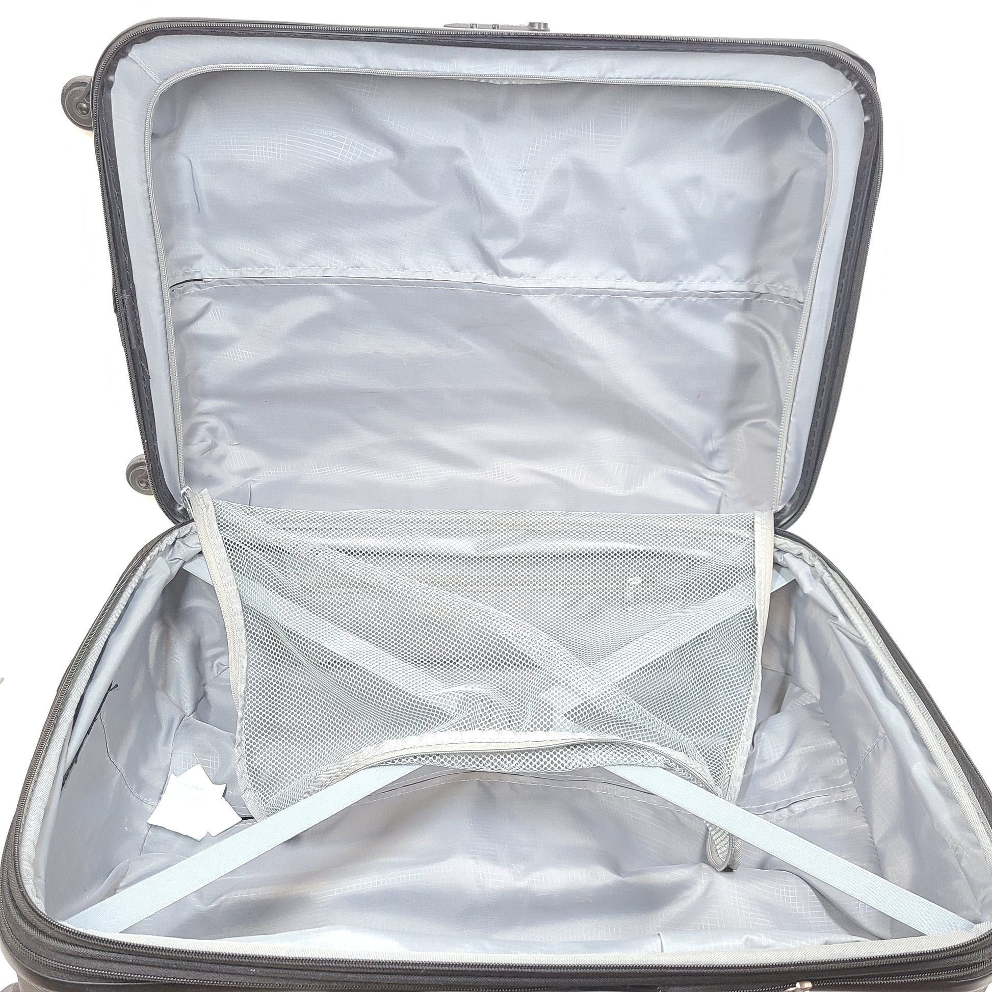 Black Samsonite 4-wheel spinner hardside suitcase with front Samsonite logo and organized interior.