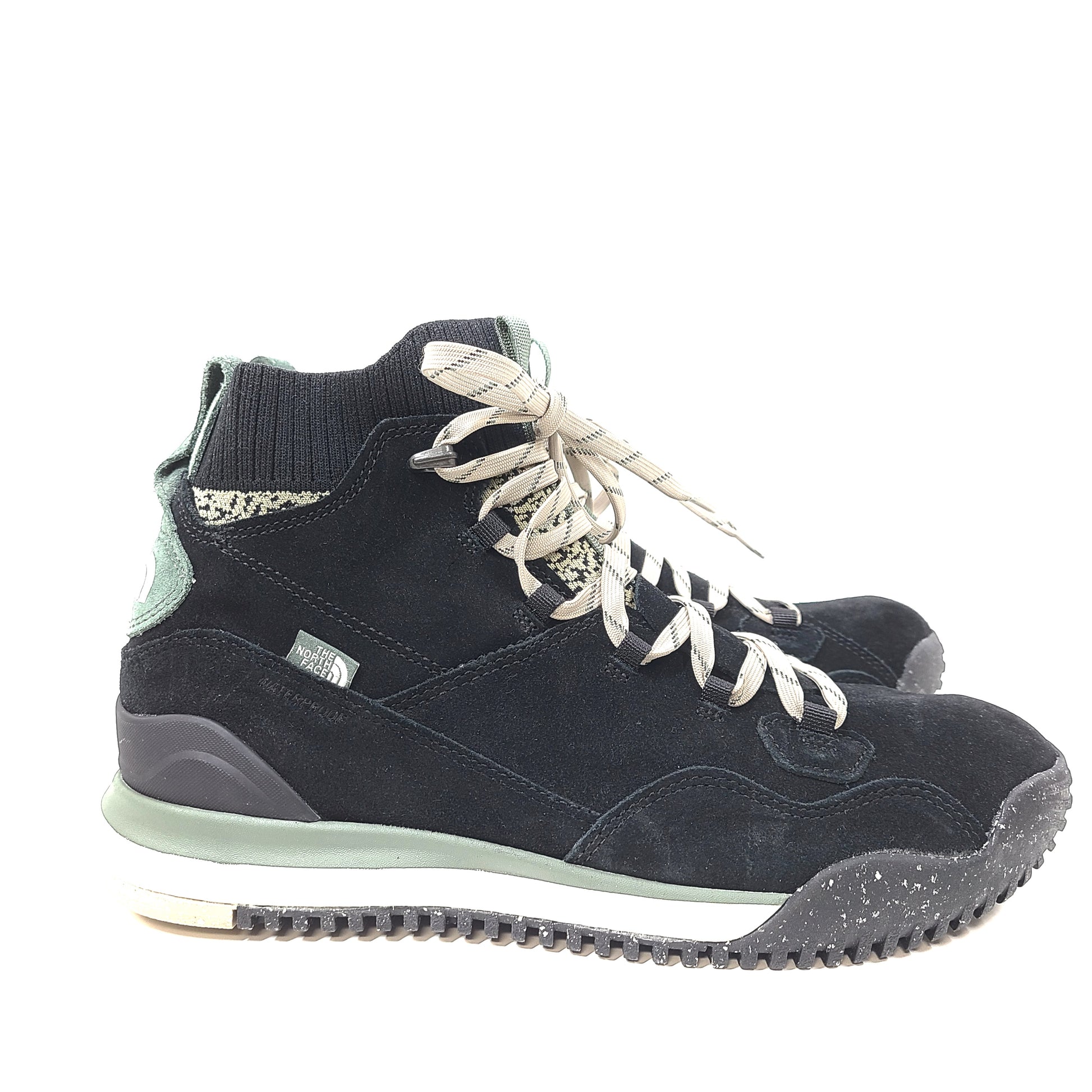 Black and green high-top waterproof men's hiking shoes from The North Face, model NF0A5G2Z, US size 10.