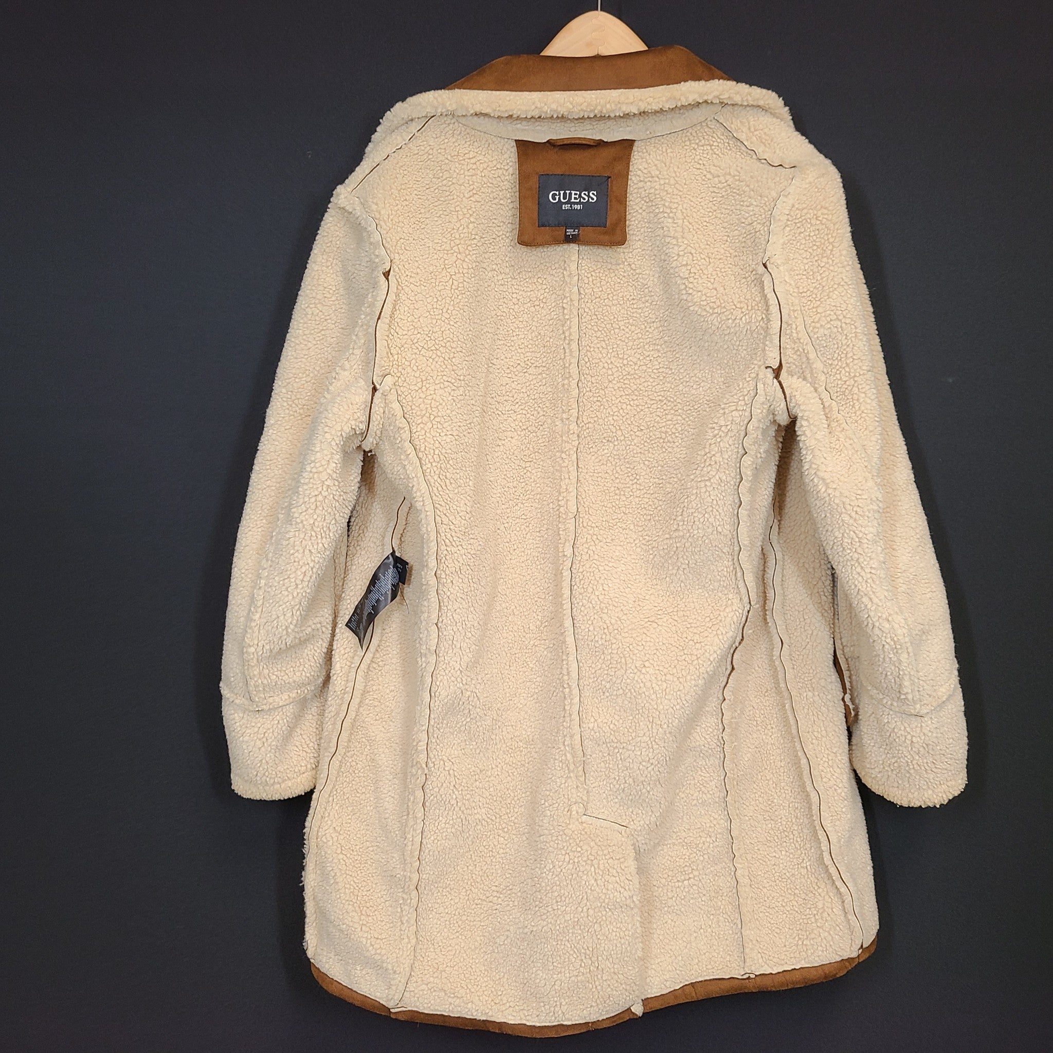 GUESS Men's Faux-Shearling Overcoat Insulated Warm Brown Tan Sz L