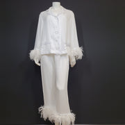 Sleeper Women's 2Pc Feather-Trim Two-Piece Pyjamas Long Sleeve White Sz M